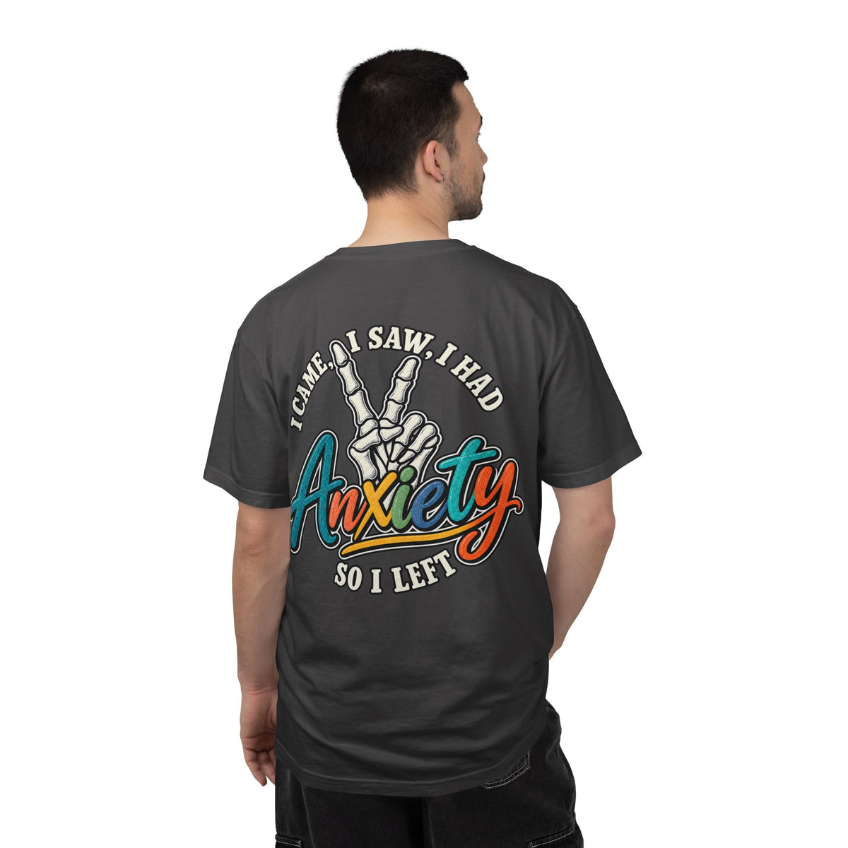 Anxiety Skeleton Peace Sign T-Shirt, I Came I Saw I Fled Retro Script Shirt, Funny Mental Health Tee, Anxiety Humor Gift