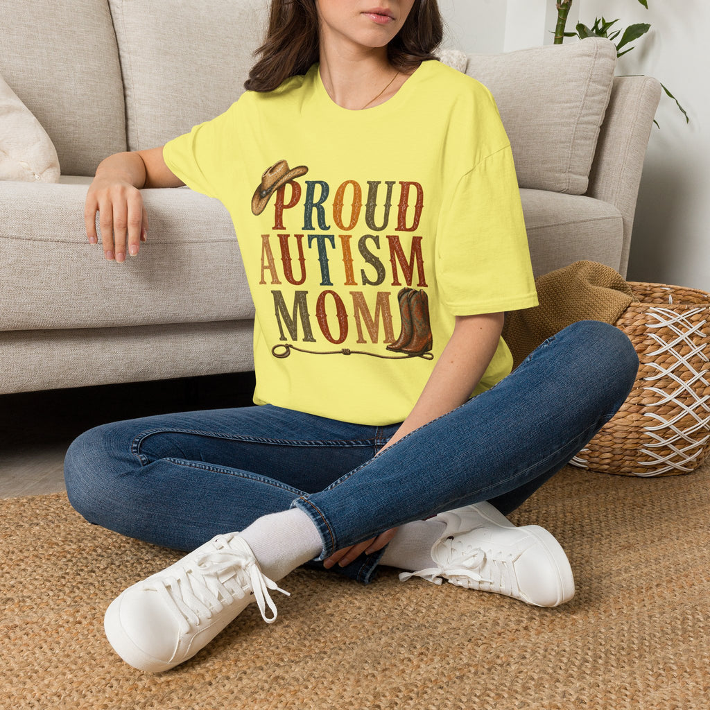 Proud Autism Mom T-Shirt — Rustic Western Cowboy Hat & Boots Design