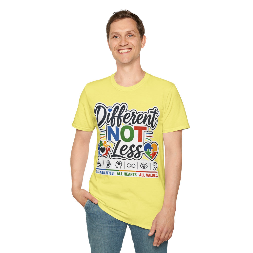 Different NOT Less T-Shirt | Disability Pride, Inclusive Rainbow Design