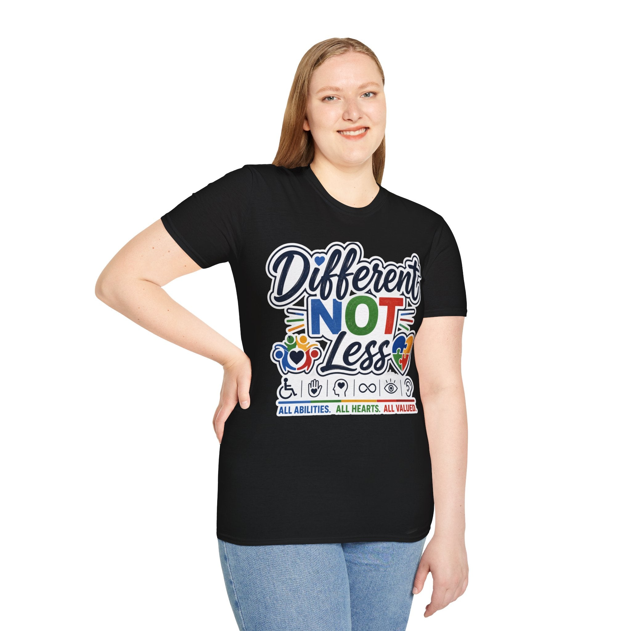 Different NOT Less T-Shirt | Disability Pride, Inclusive Rainbow Design