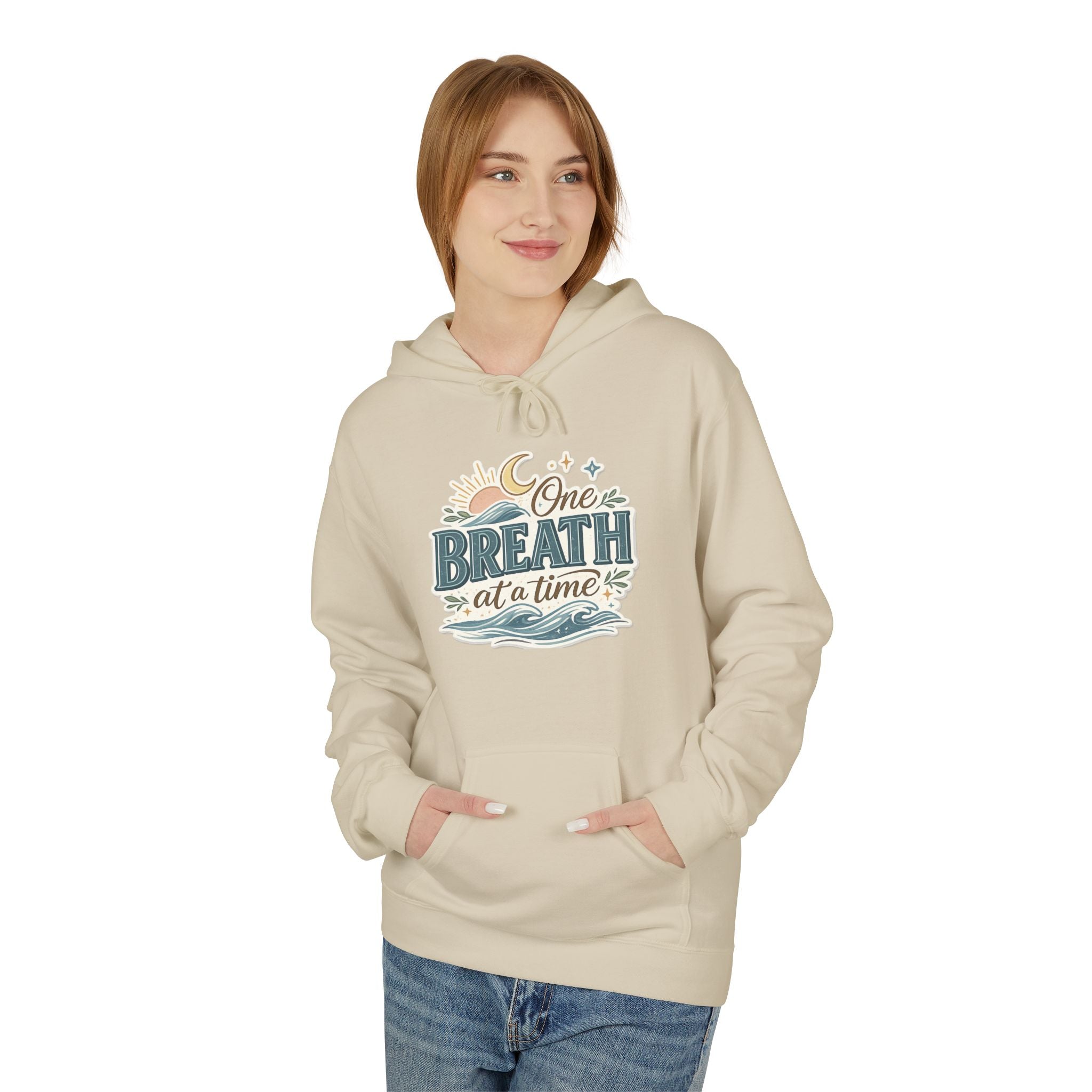 One Breath at a Time Hoodie | Ocean Waves Sun Illustration