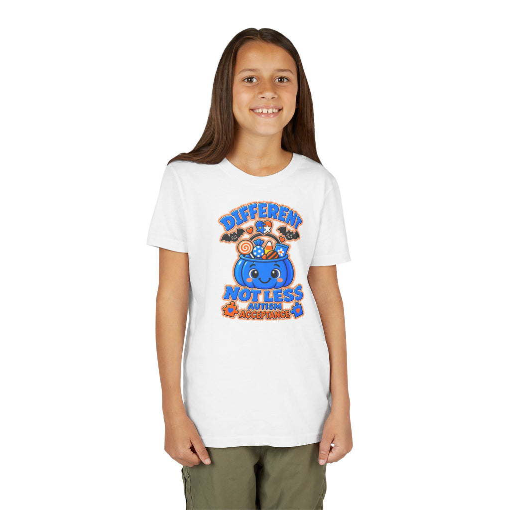 Different Not Less Halloween Shirt, Autism Acceptance Pumpkin Tee, Kids Halloween Autism Awareness T-Shirt, Trick or Treat Bucket Gift