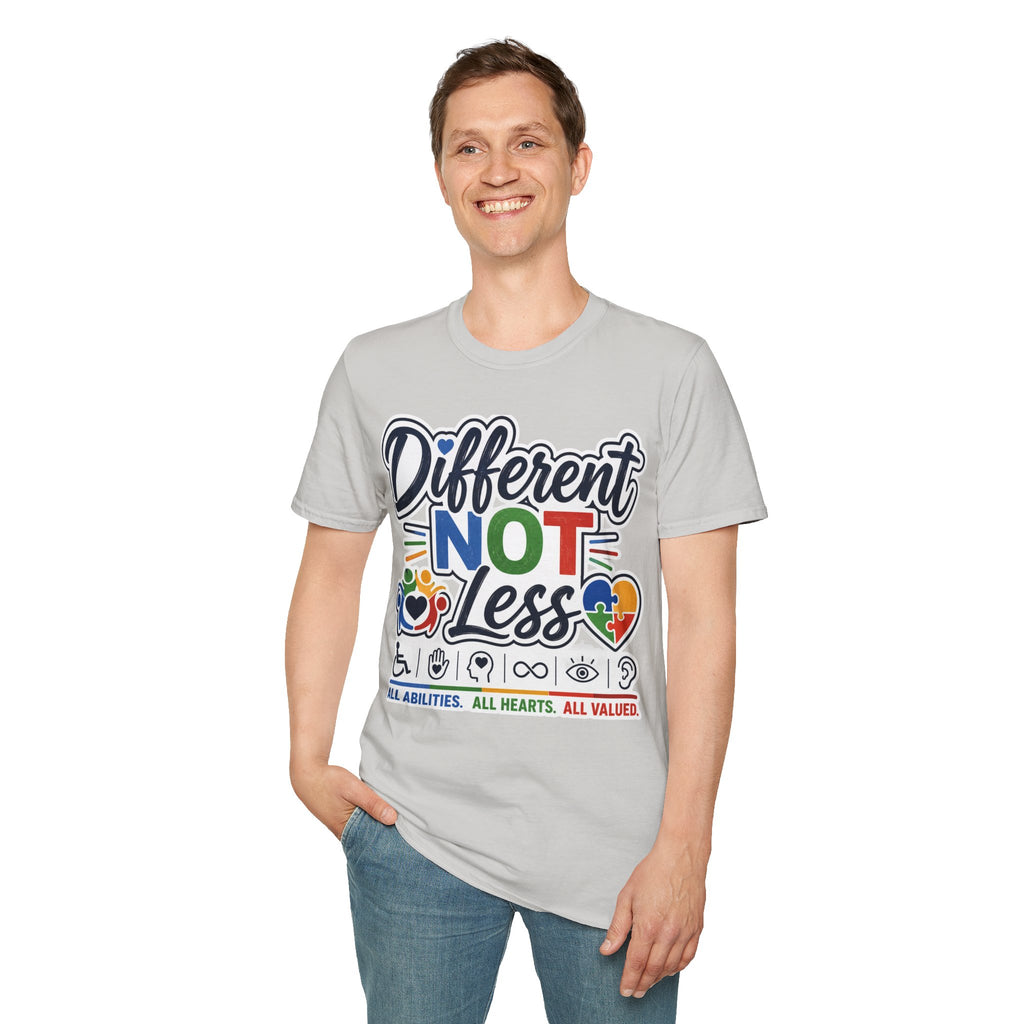 Different NOT Less T-Shirt | Disability Pride, Inclusive Rainbow Design
