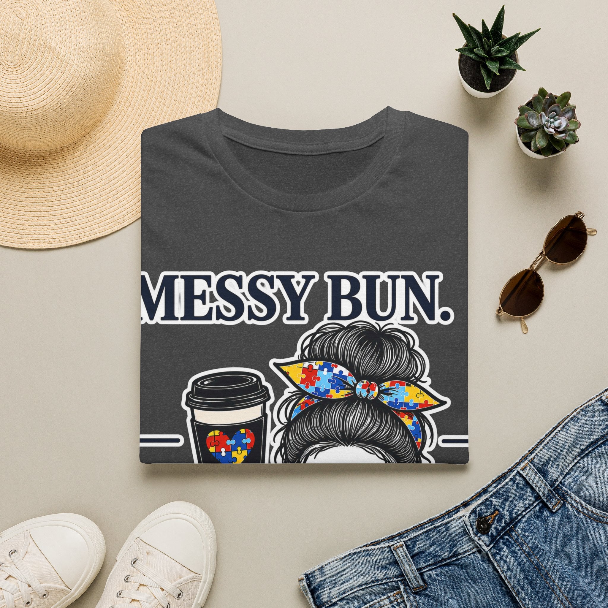 Messy Bun Coffee Mom Life Autism Acceptance Shirt | Autism Mom T-Shirt | Neurodiversity Support Tee | Special Needs Mom Gift