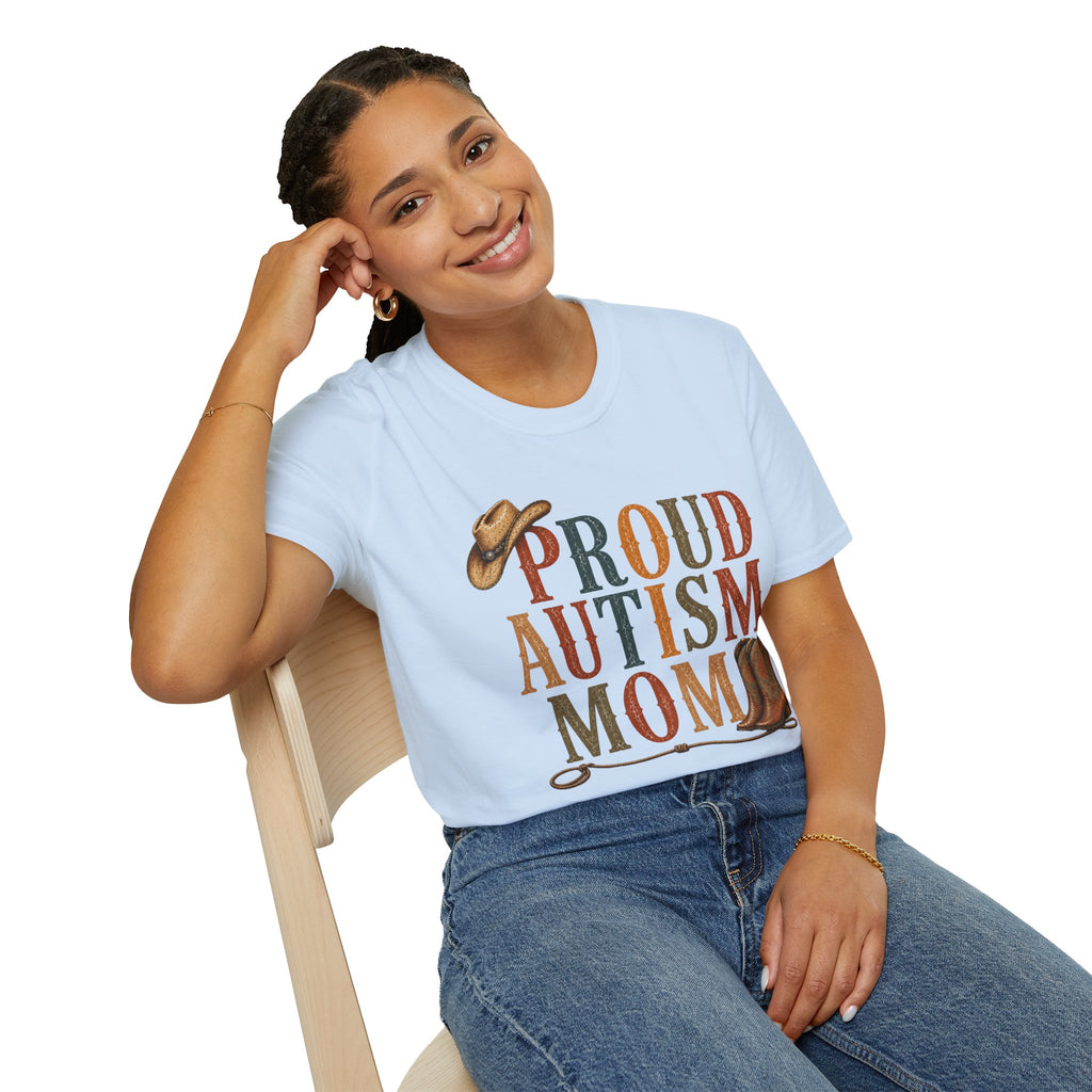 Proud Autism Mom T-Shirt — Rustic Western Cowboy Hat & Boots Design