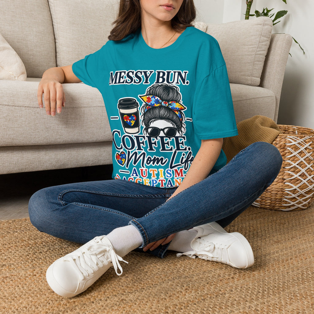 Messy Bun Coffee Mom Life Autism Acceptance Shirt | Autism Mom T-Shirt | Neurodiversity Support Tee | Special Needs Mom Gift
