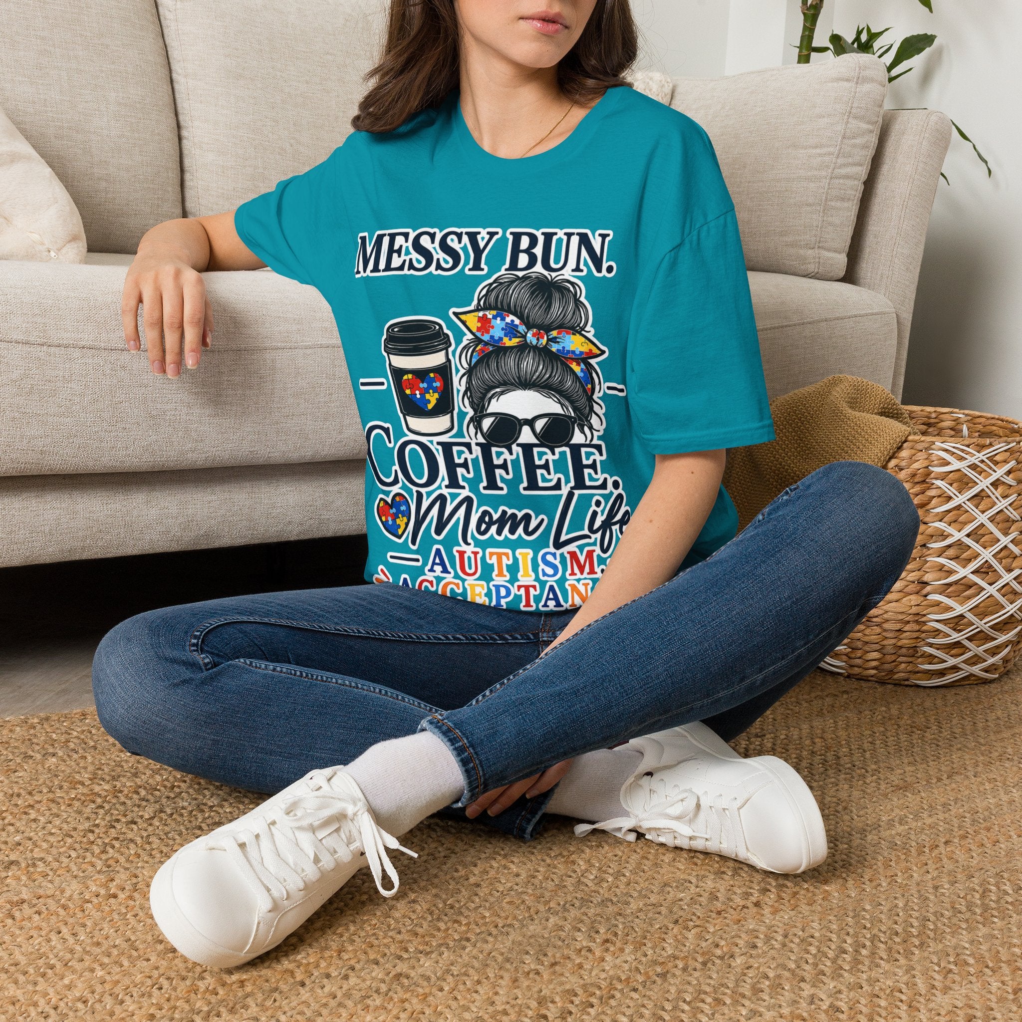 Messy Bun Coffee Mom Life Autism Acceptance Shirt | Autism Mom T-Shirt | Neurodiversity Support Tee | Special Needs Mom Gift
