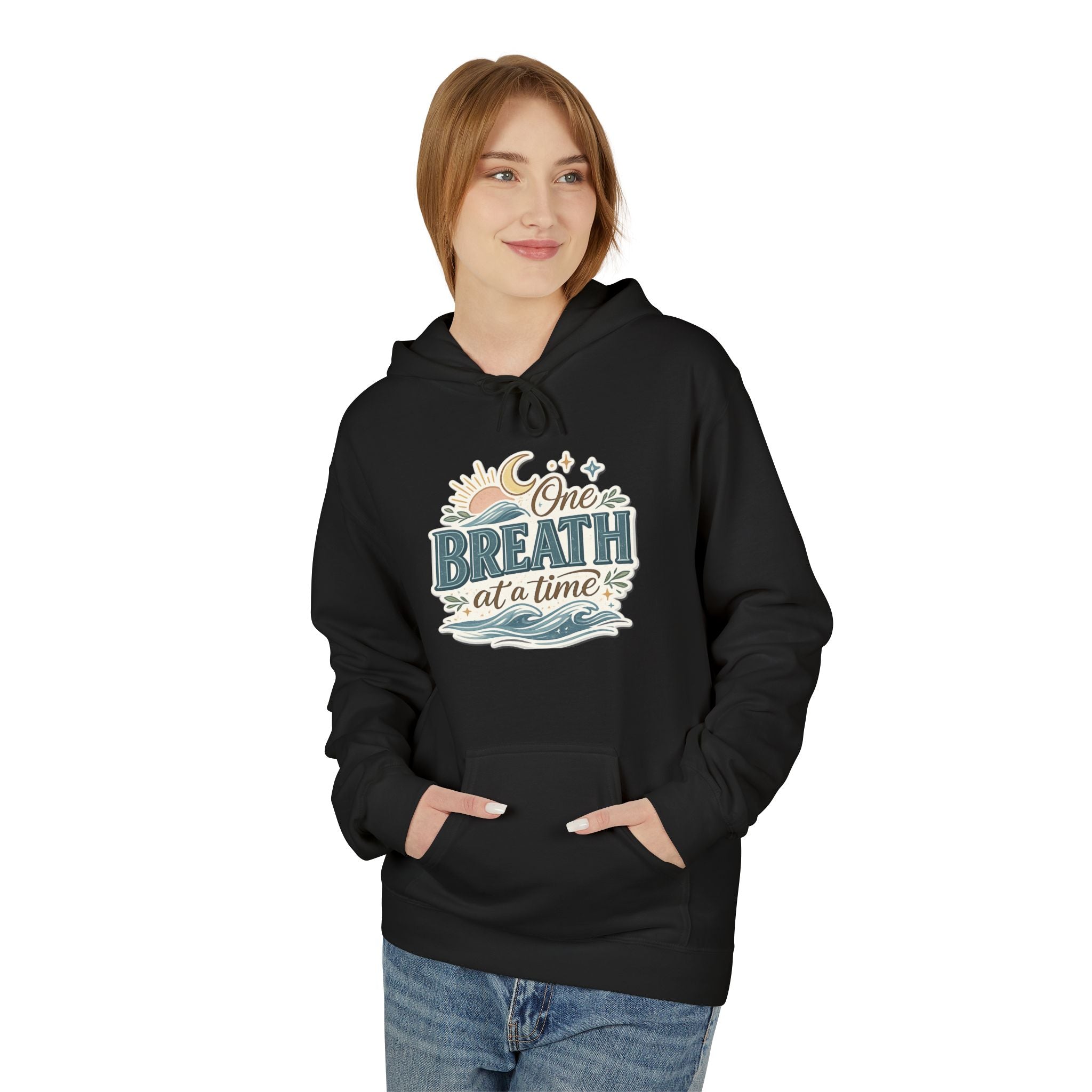 One Breath at a Time Hoodie | Ocean Waves Sun Illustration