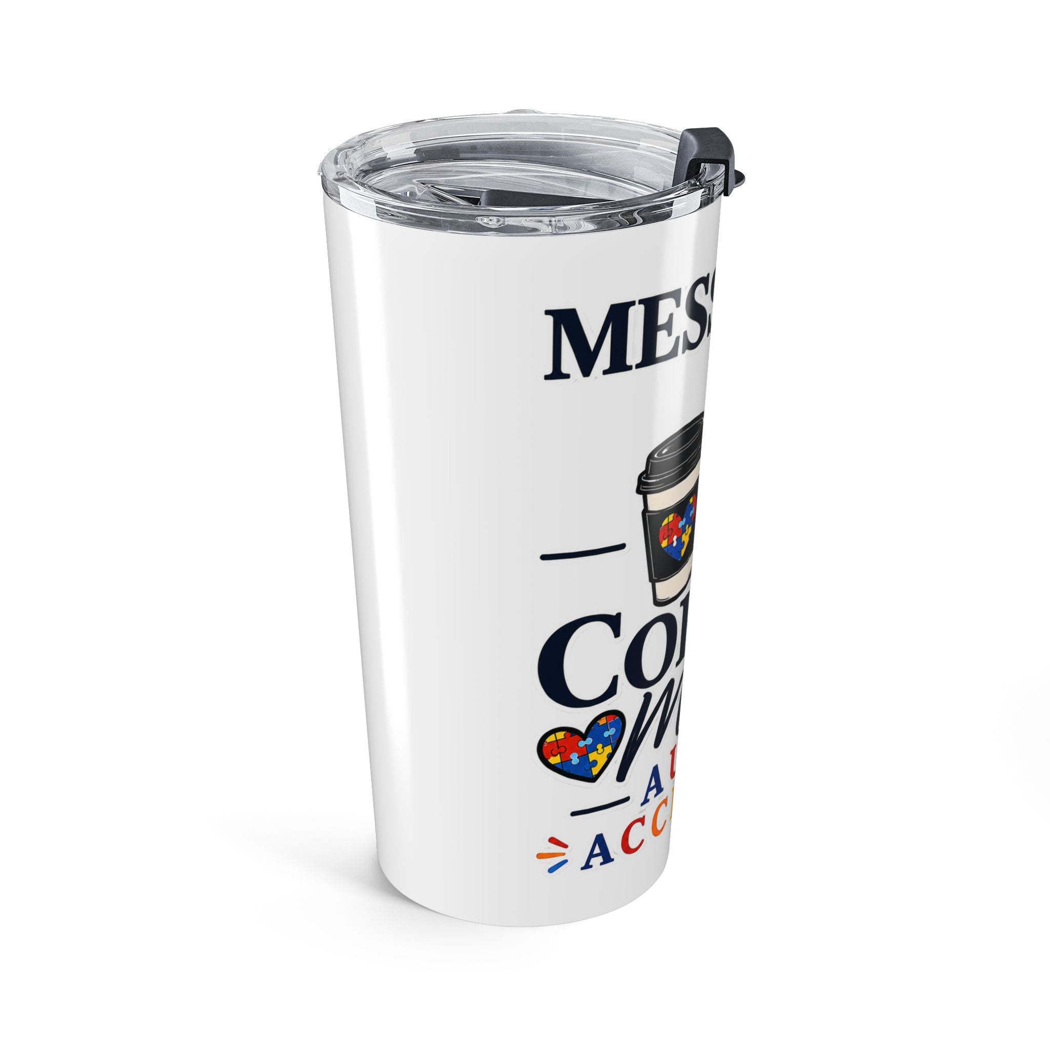 Autism Acceptance Coffee Mom 20oz Tumbler | Messy Bun Travel Mug | Puzzle Heart Insulated Cup | Special Needs Mom Gift