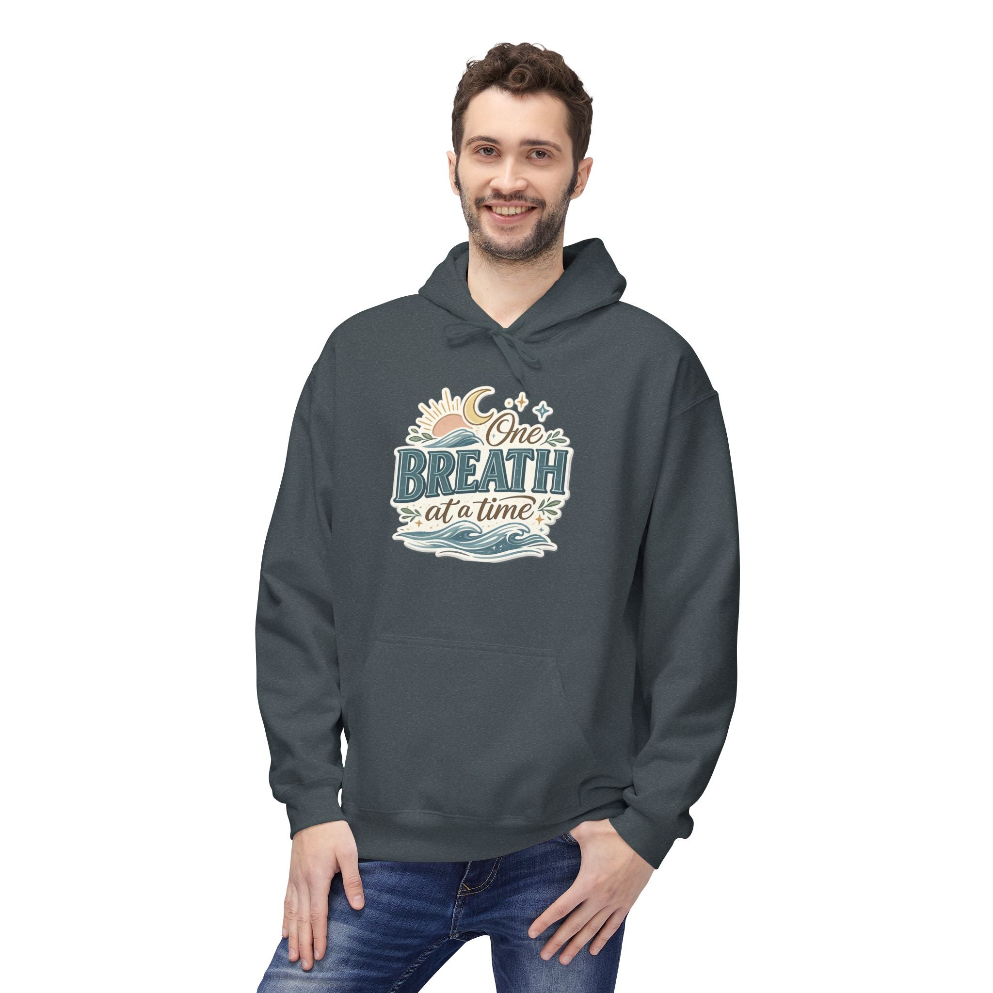 One Breath at a Time Hoodie | Ocean Waves Sun Illustration