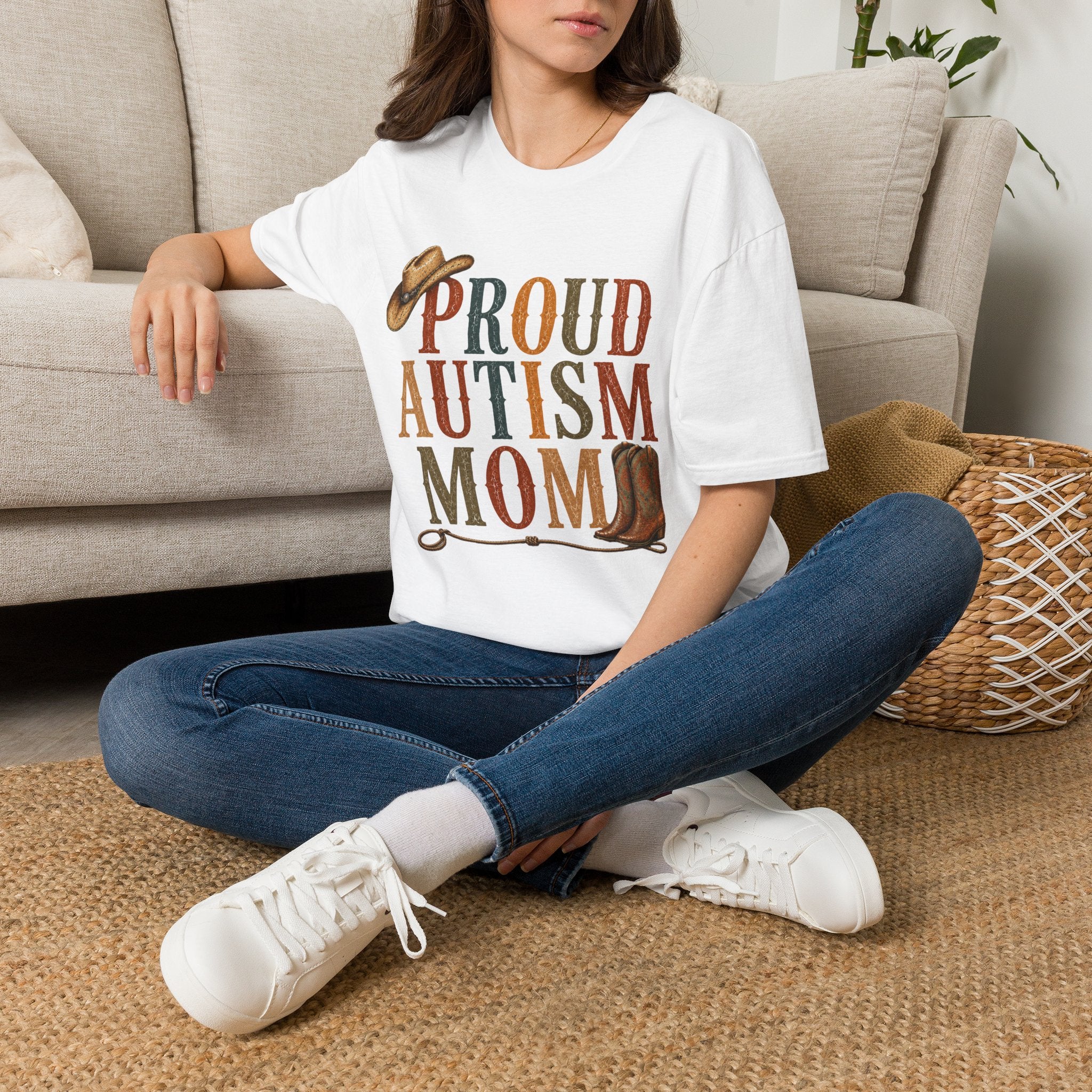 Proud Autism Mom T-Shirt — Rustic Western Cowboy Hat & Boots Design