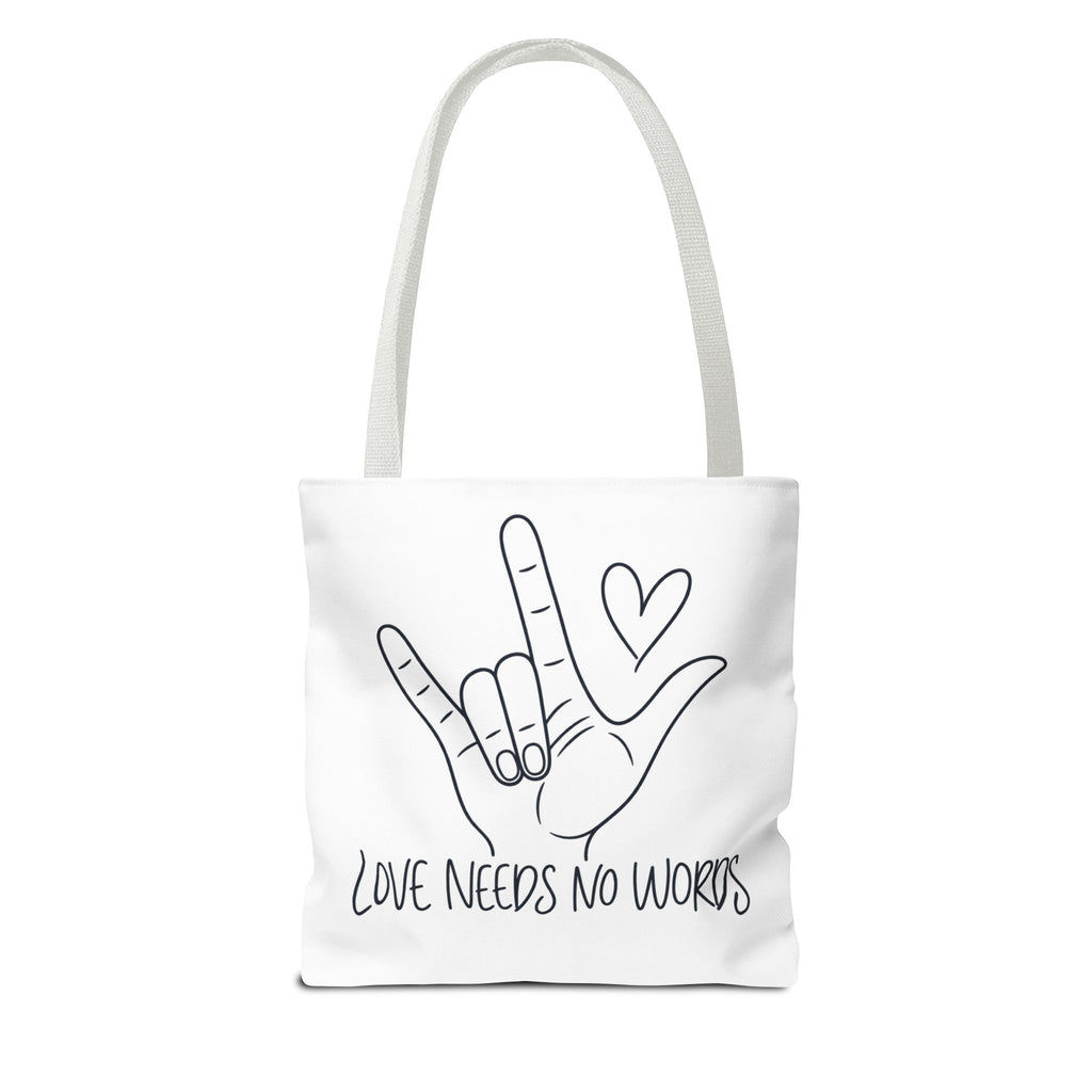 Love Needs No Words Tote Bag, ASL I Love You Hand Illustration Canvas Bag, Autism Acceptance Tote, Sign Language Nonverbal Gift