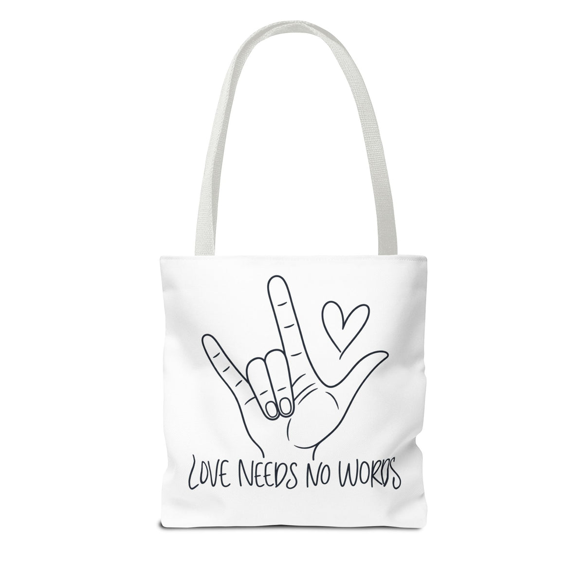 Love Needs No Words Tote Bag, ASL I Love You Hand Illustration Canvas Bag, Autism Acceptance Tote, Sign Language Nonverbal Gift