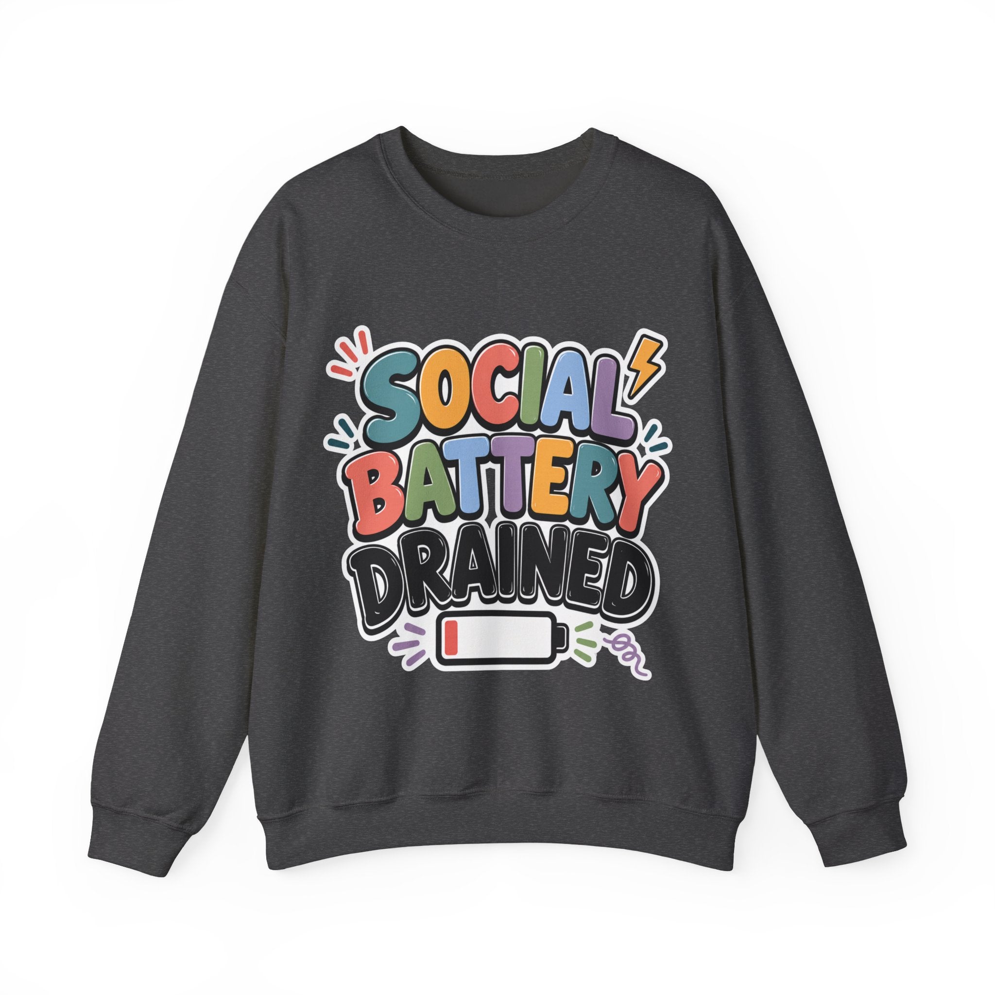 Social Battery Drained Crewneck Sweatshirt | Funny Introvert Sweatshirt | Low Battery Graphic Pullover | Mental Health Humor | Unisex Gift