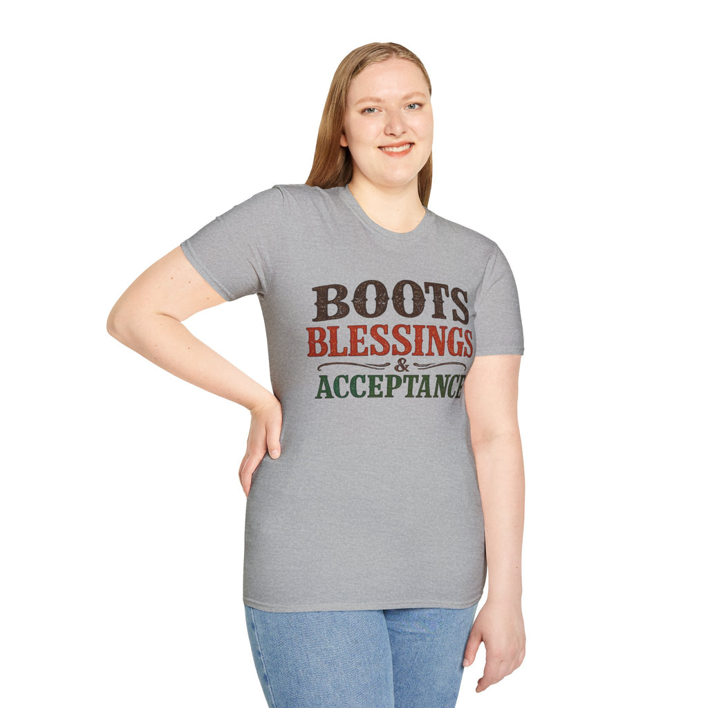 Boots Blessings & Acceptance T-Shirt | Western Typography, Rustic Faith Tee