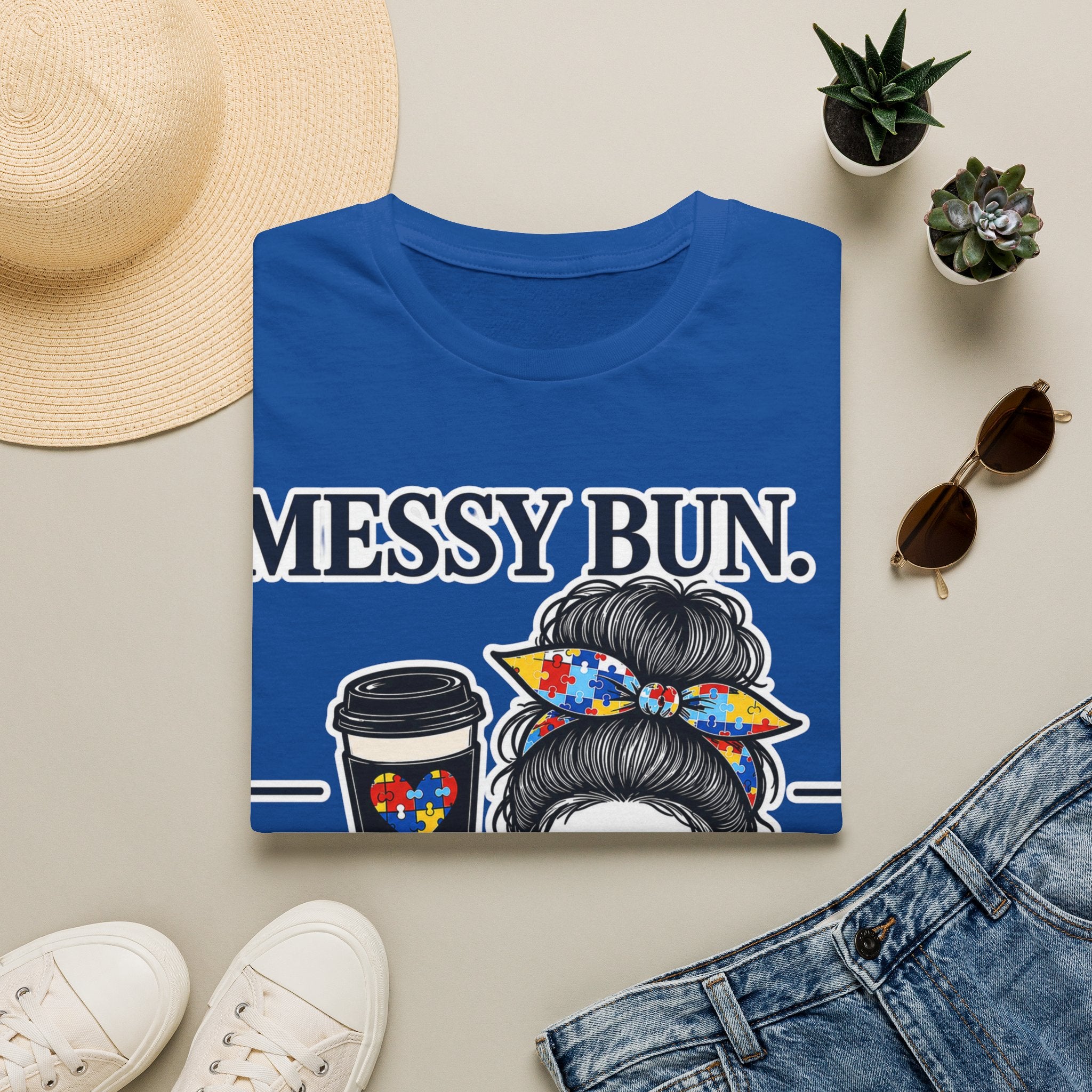 Messy Bun Coffee Mom Life Autism Acceptance Shirt | Autism Mom T-Shirt | Neurodiversity Support Tee | Special Needs Mom Gift