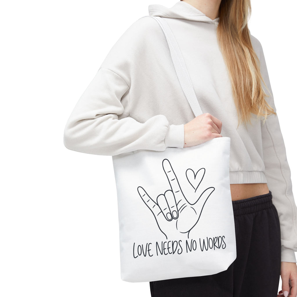 Love Needs No Words Tote Bag, ASL I Love You Hand Illustration Canvas Bag, Autism Acceptance Tote, Sign Language Nonverbal Gift