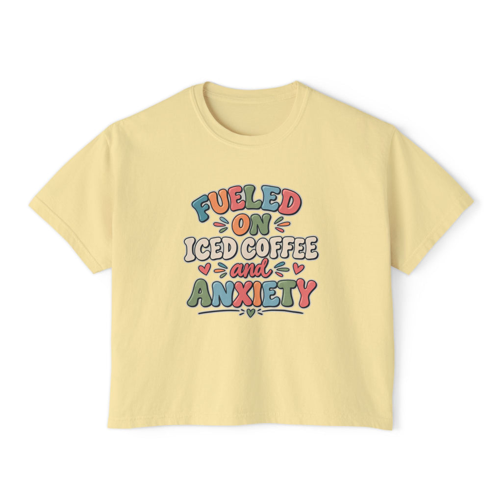 Fueled On Iced Coffee And Anxiety Boxy Tee, Women's Cute Retro Lettering Shirt, Funny Mental Health T-Shirt, Trendy Coffee Lover Gift