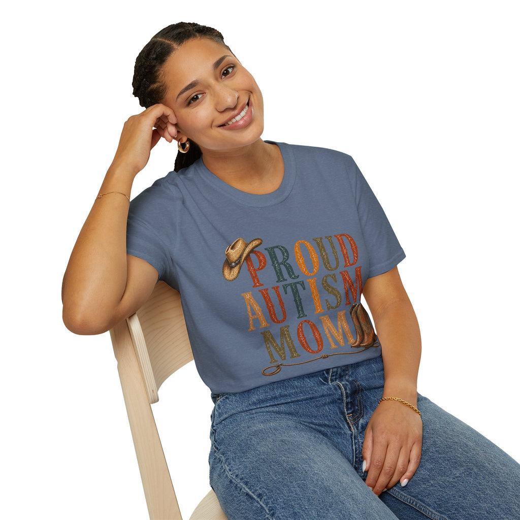 Proud Autism Mom T-Shirt — Rustic Western Cowboy Hat & Boots Design