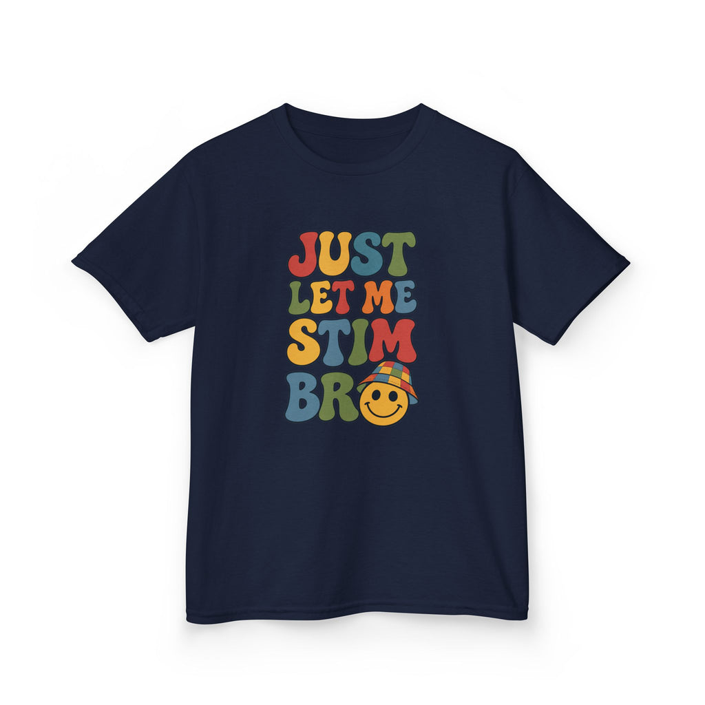 Just Let Me Stim Bro Kids Tee, Retro Bubble Letters Smiley Face Shirt, Autism ADHD Neurodivergent Kids T-Shirt, Funny Sensory Gift