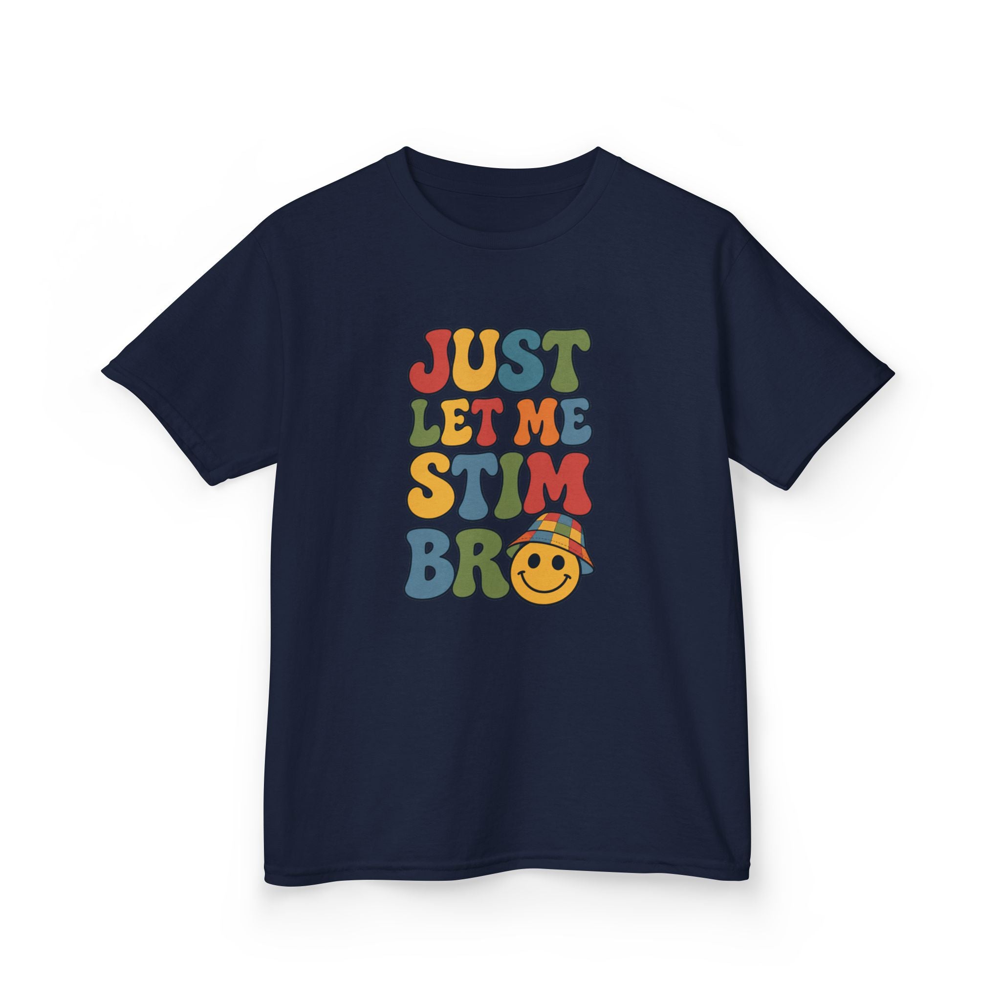 Just Let Me Stim Bro Kids Tee, Retro Bubble Letters Smiley Face Shirt, Autism ADHD Neurodivergent Kids T-Shirt, Funny Sensory Gift