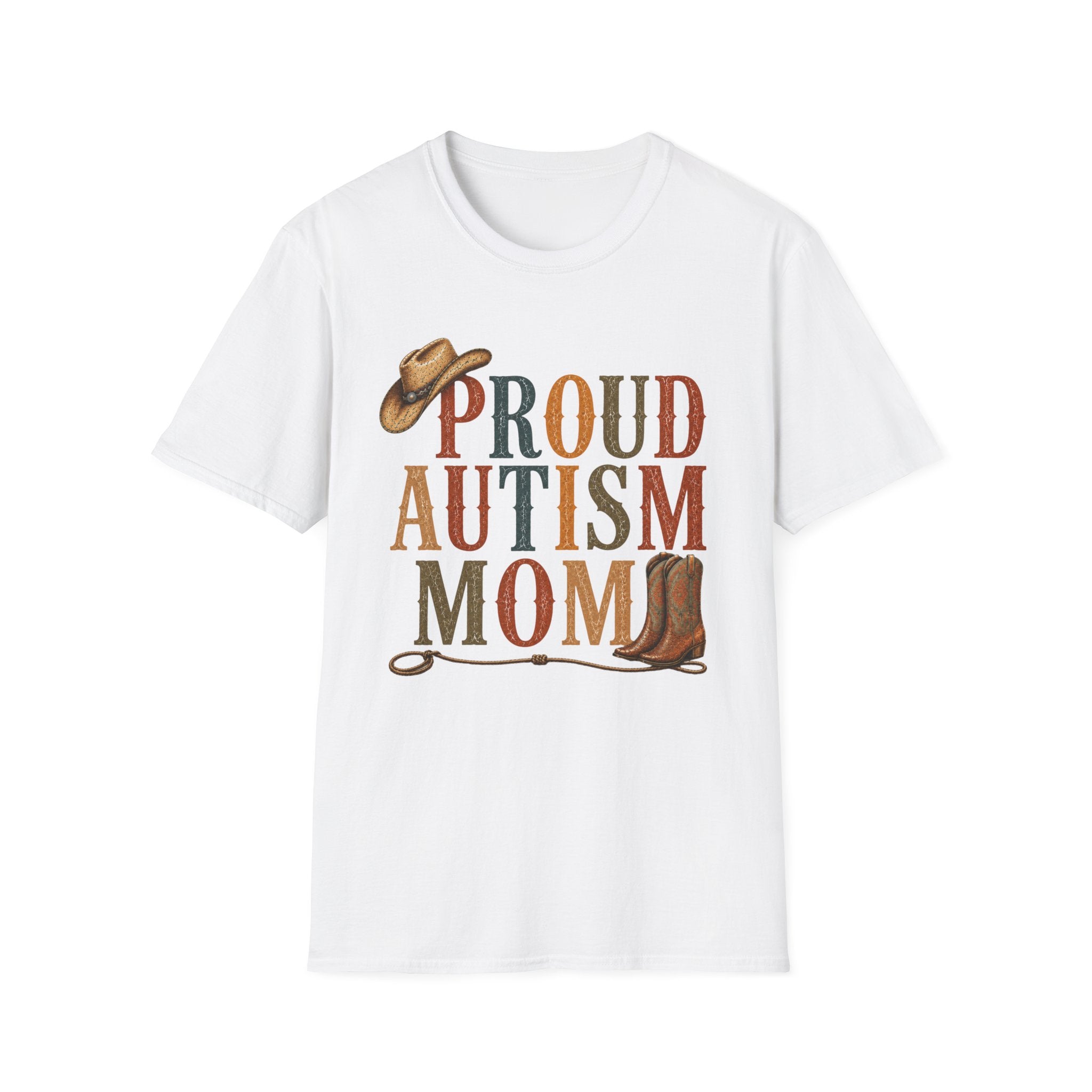 Proud Autism Mom T-Shirt — Rustic Western Cowboy Hat & Boots Design