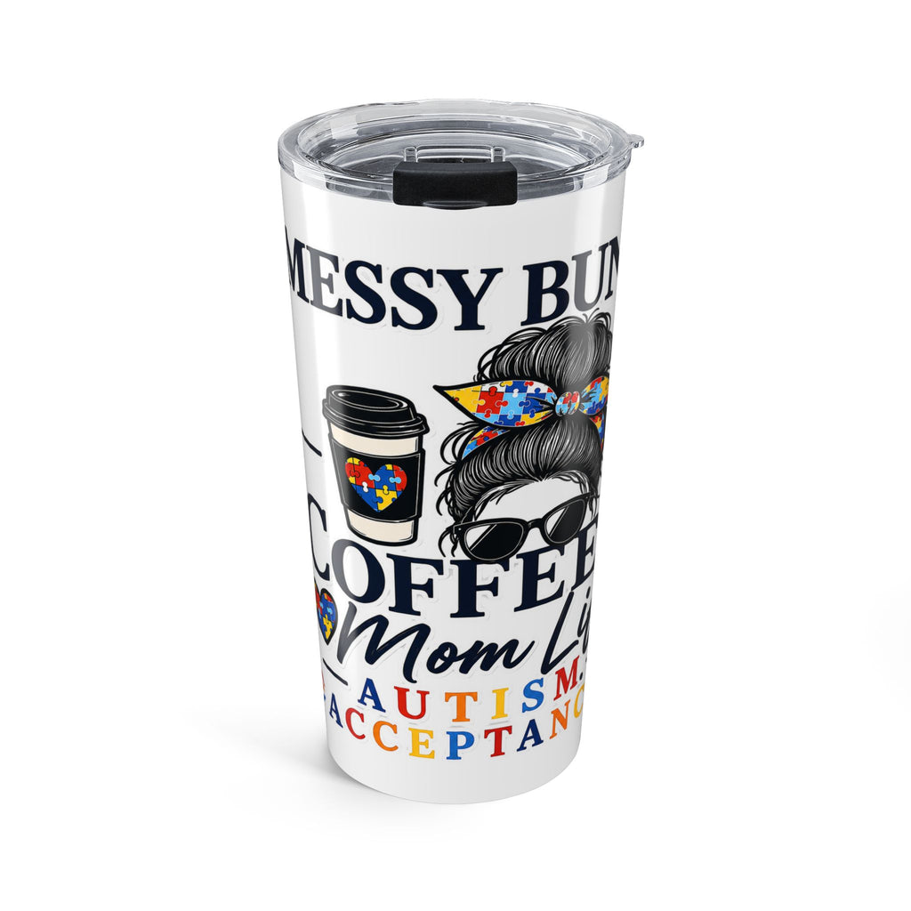 Autism Acceptance Coffee Mom 20oz Tumbler | Messy Bun Travel Mug | Puzzle Heart Insulated Cup | Special Needs Mom Gift