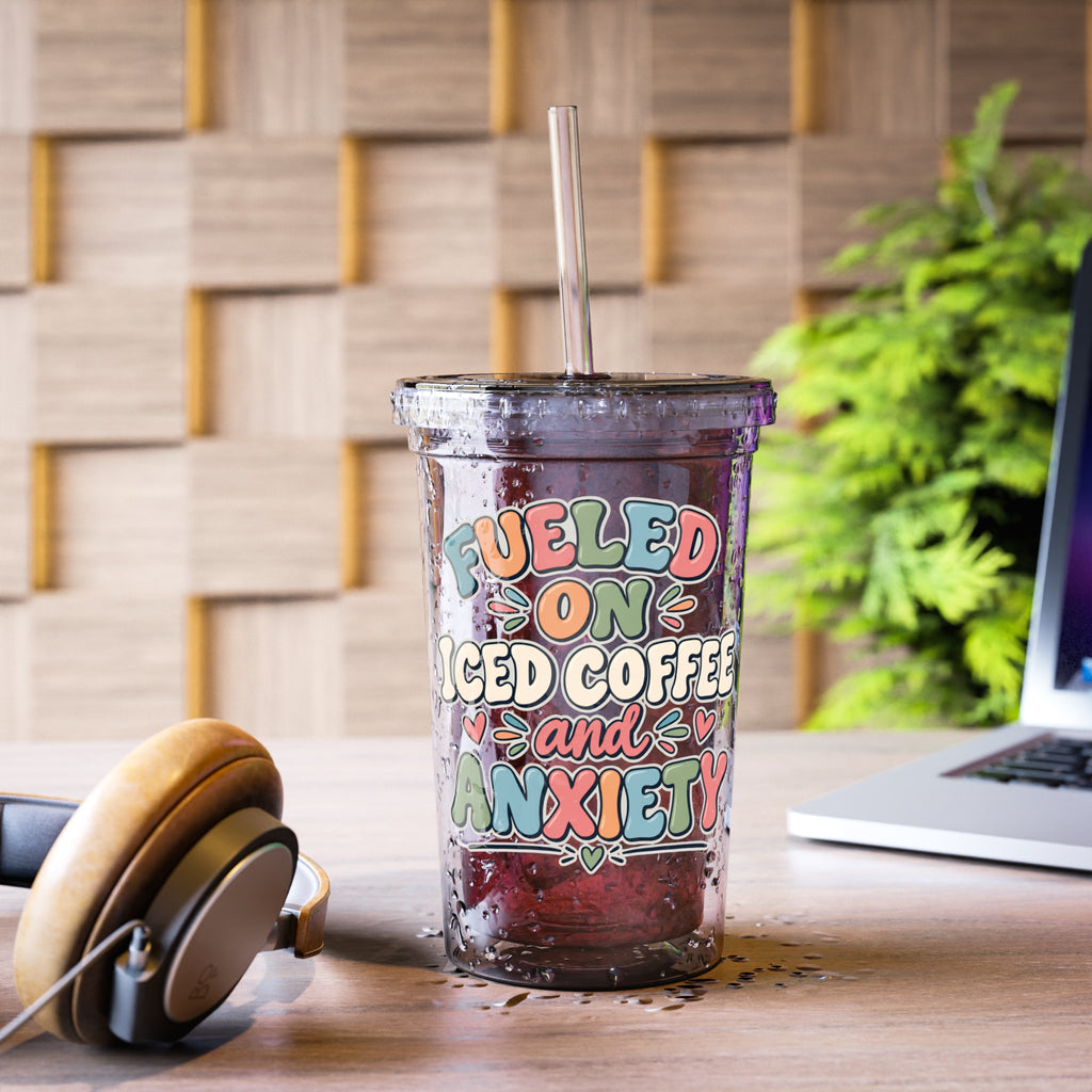 Fueled On Iced Coffee Anxiety Cup, Funny Mental Health Iced Coffee Cup, Anxiety Humor Tumbler, Coffee Lover Gift, Retro Bubble Letters