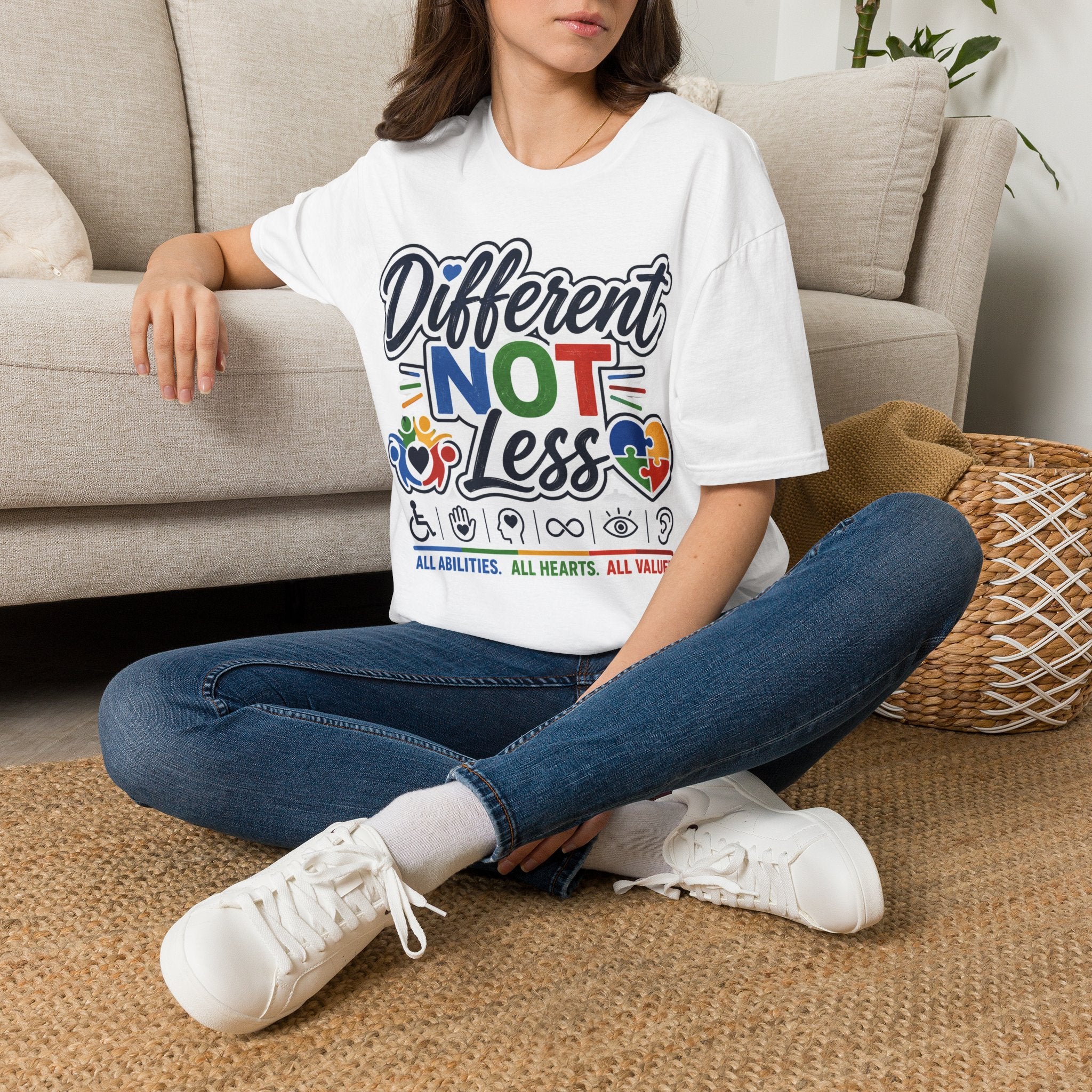 Different NOT Less T-Shirt | Disability Pride, Inclusive Rainbow Design