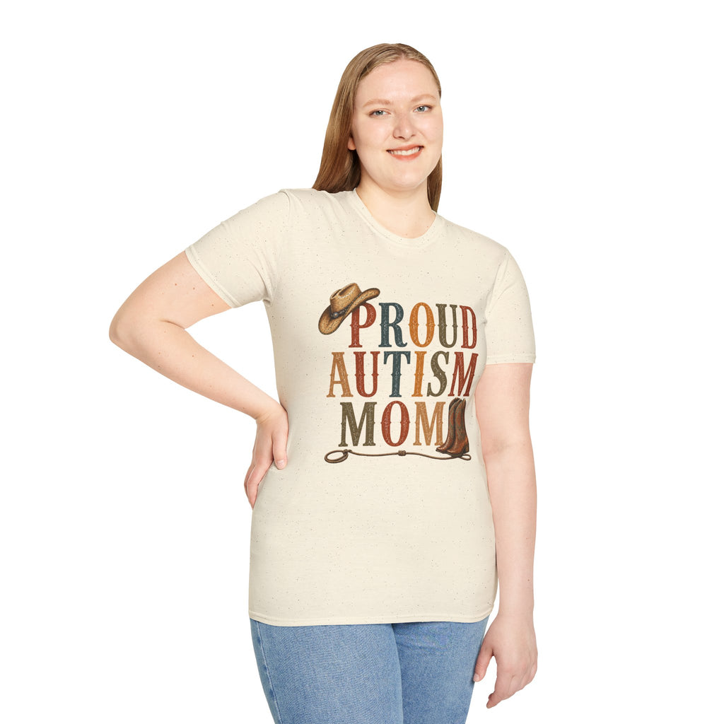 Proud Autism Mom T-Shirt — Rustic Western Cowboy Hat & Boots Design