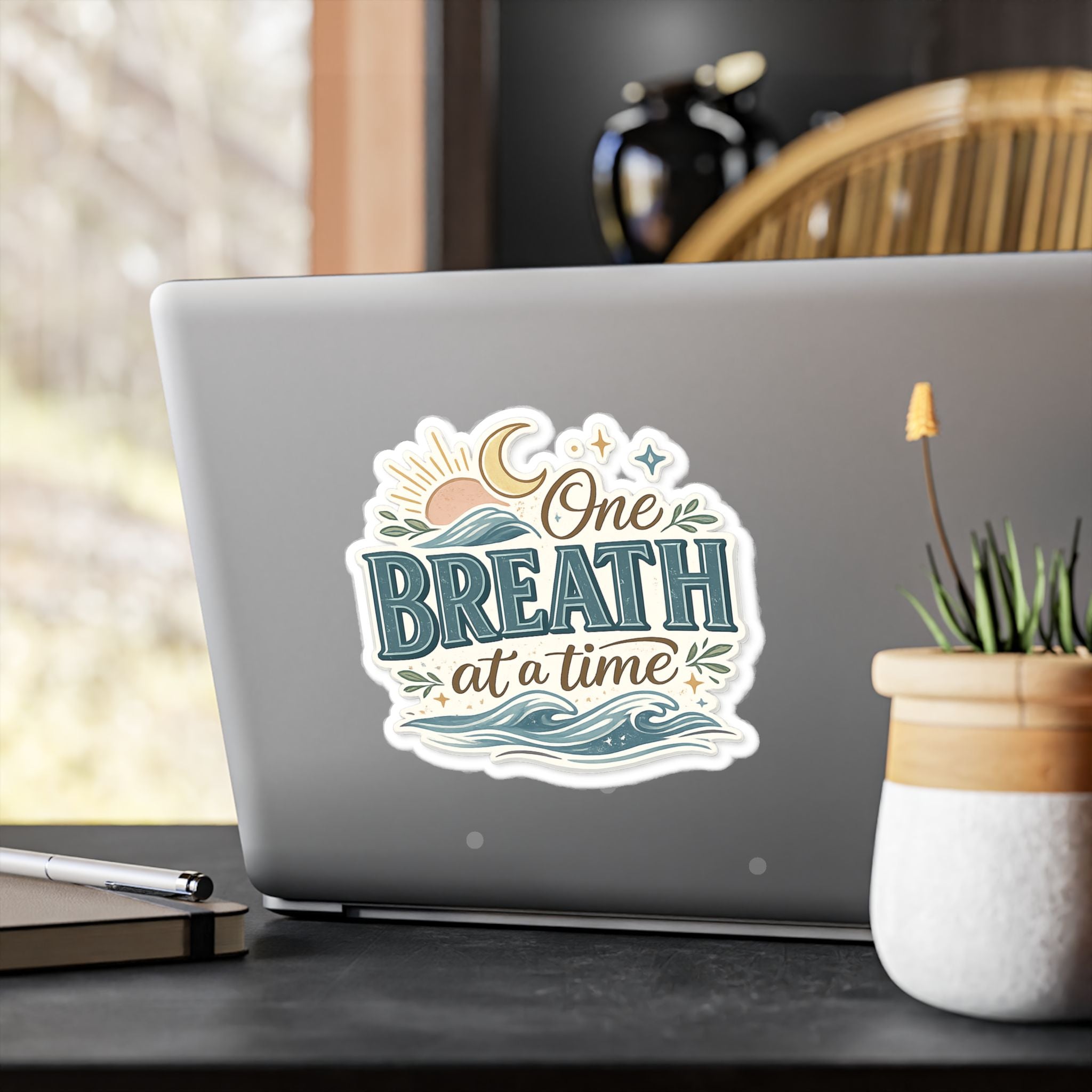 One Breath at a Time Kiss-Cut Vinyl Decal | Calm Waves Sun & Moon Sticker