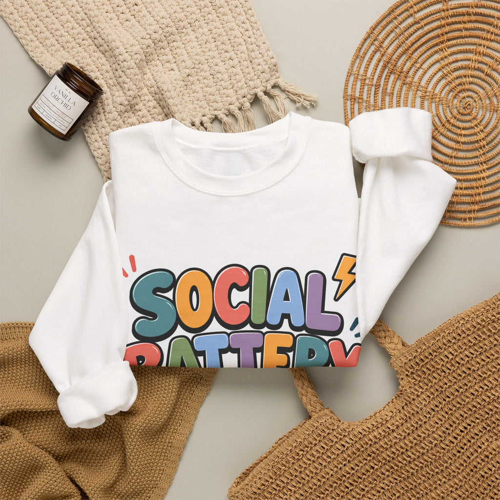 Social Battery Drained Crewneck Sweatshirt | Funny Introvert Sweatshirt | Low Battery Graphic Pullover | Mental Health Humor | Unisex Gift