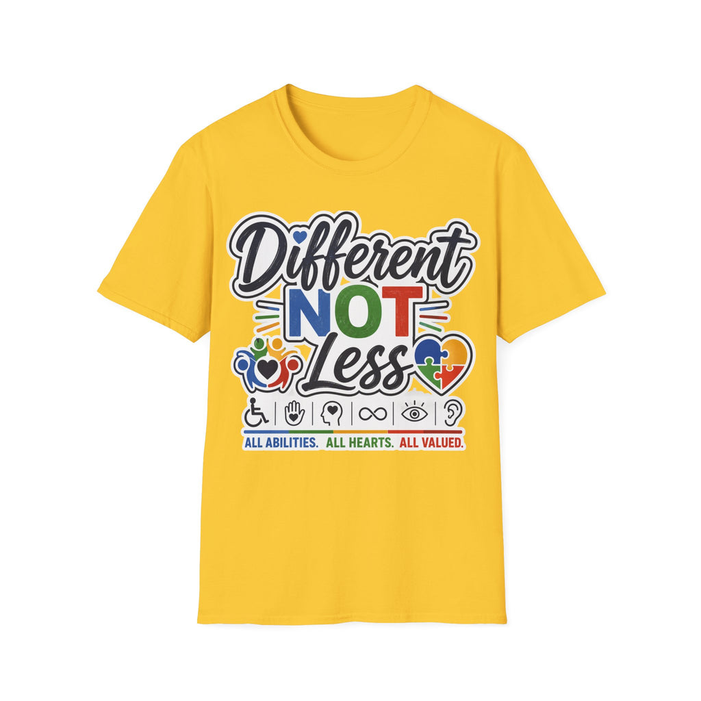 Different NOT Less T-Shirt | Disability Pride, Inclusive Rainbow Design