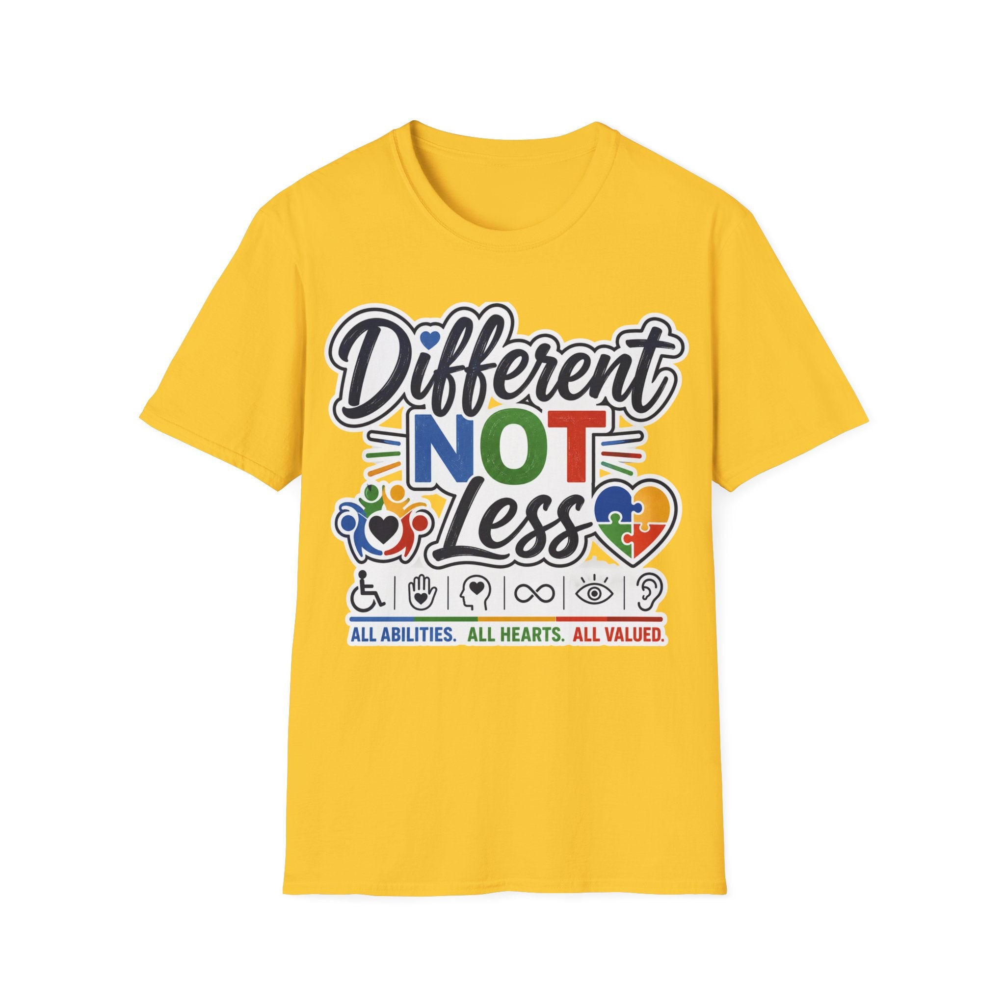 Different NOT Less T-Shirt | Disability Pride, Inclusive Rainbow Design
