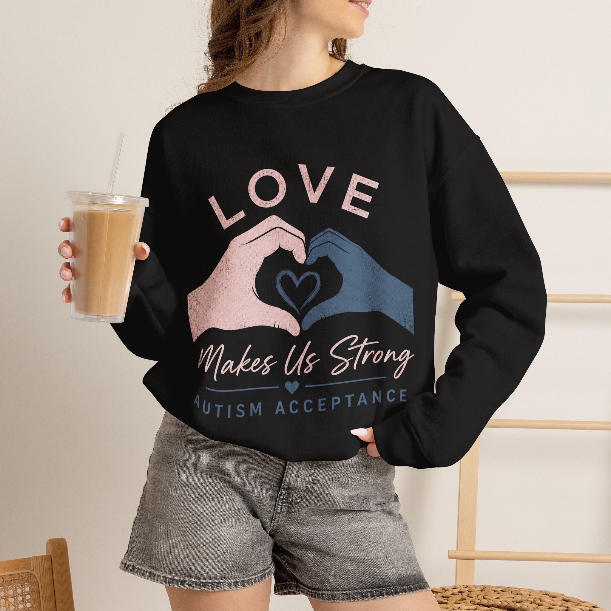 Autism Acceptance Sweatshirt | Love Makes Us Strong Crewneck | Heart Hands Sweatshirt | Neurodiversity Gift | Inclusion Apparel