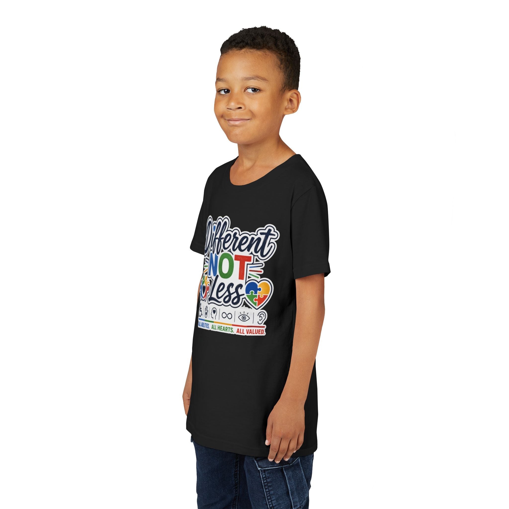 Youth Tee — "Different Not Less" Inclusive Pride Autism Awareness Shirt