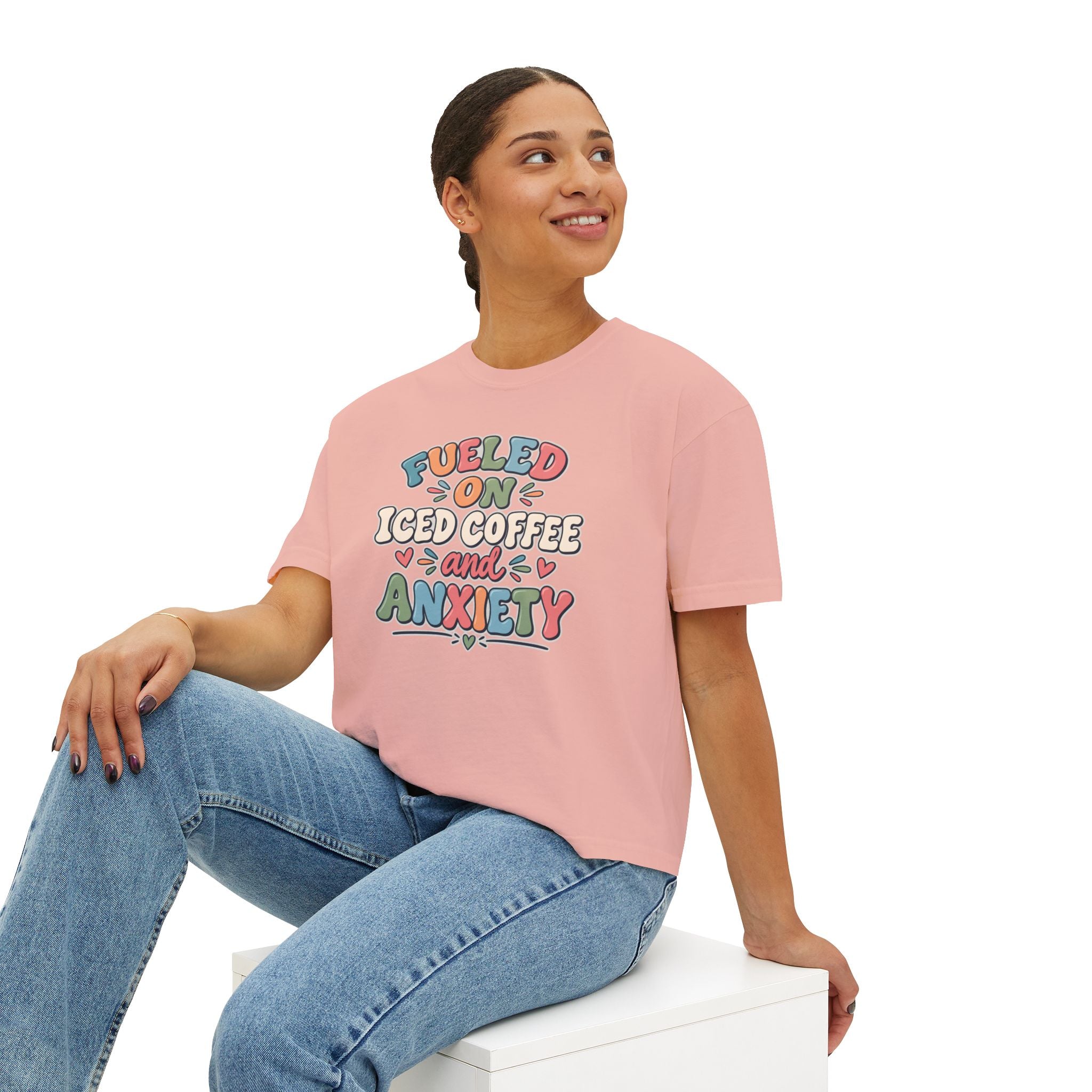 Fueled On Iced Coffee And Anxiety Boxy Tee, Women's Cute Retro Lettering Shirt, Funny Mental Health T-Shirt, Trendy Coffee Lover Gift