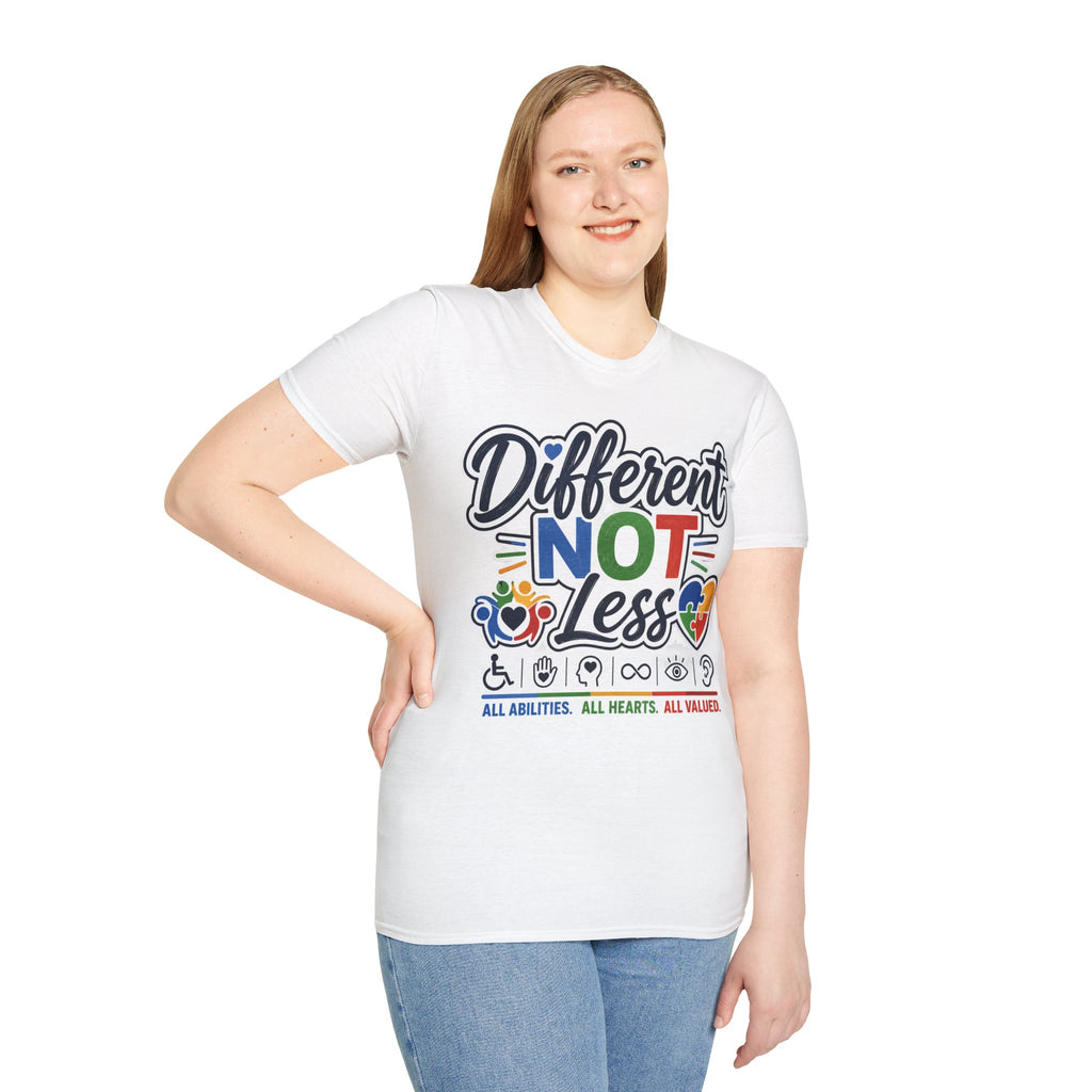 Different NOT Less T-Shirt | Disability Pride, Inclusive Rainbow Design