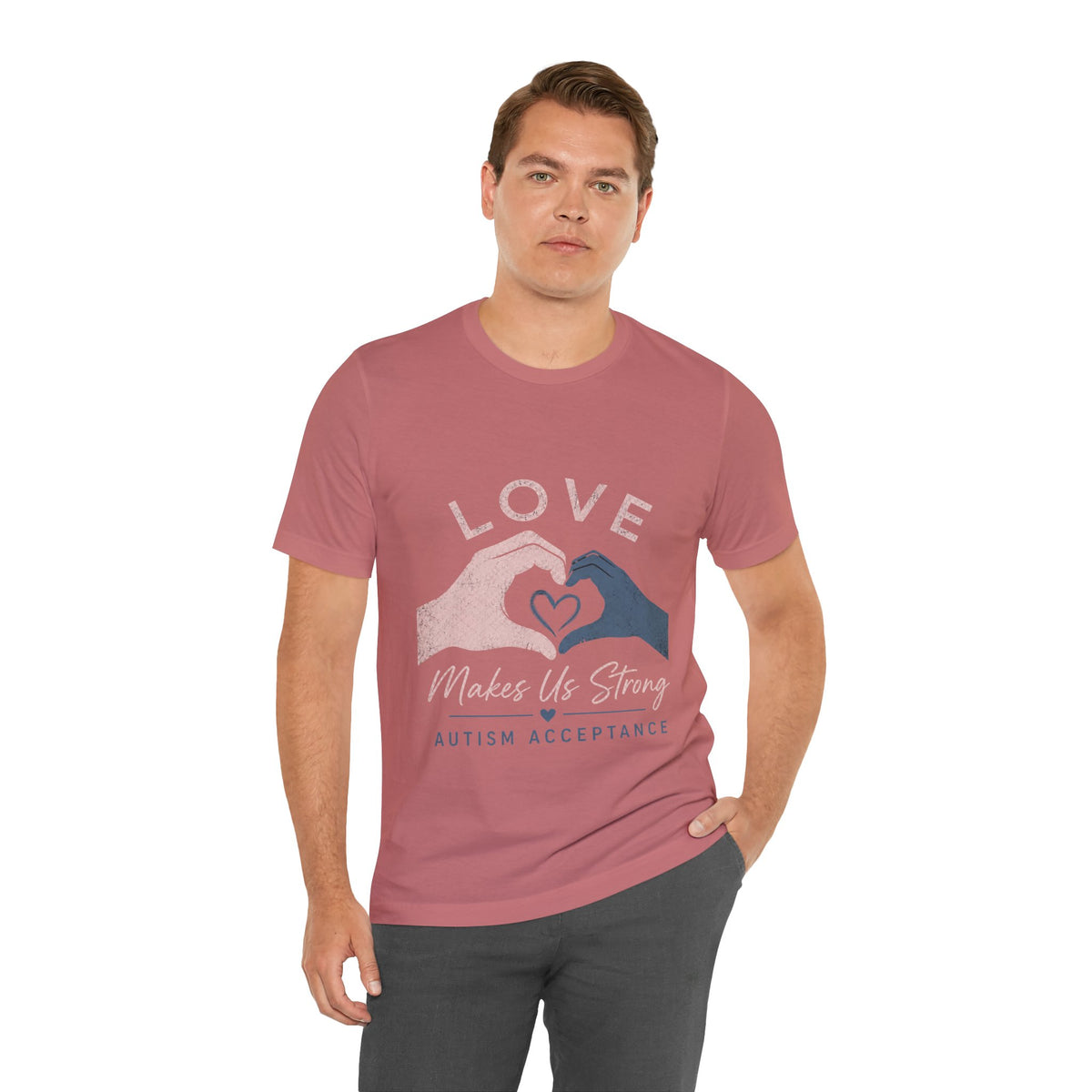 Love Makes Us Strong Autism Acceptance T-Shirt | Heart Hands Tee