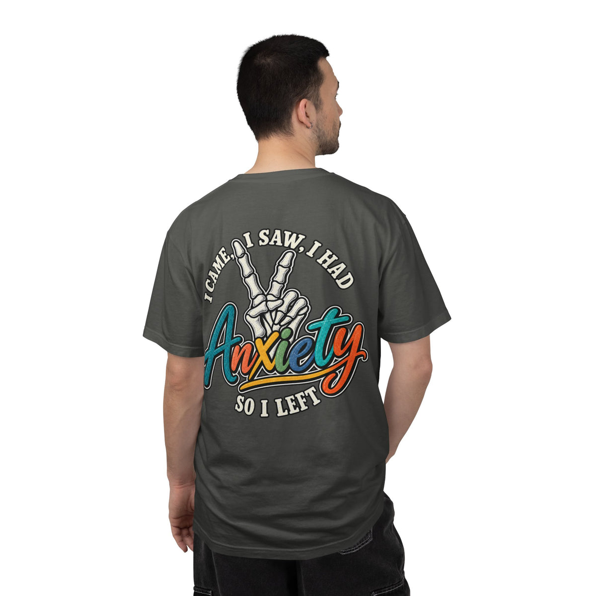 Anxiety Skeleton Peace Sign T-Shirt, I Came I Saw I Fled Retro Script Shirt, Funny Mental Health Tee, Anxiety Humor Gift