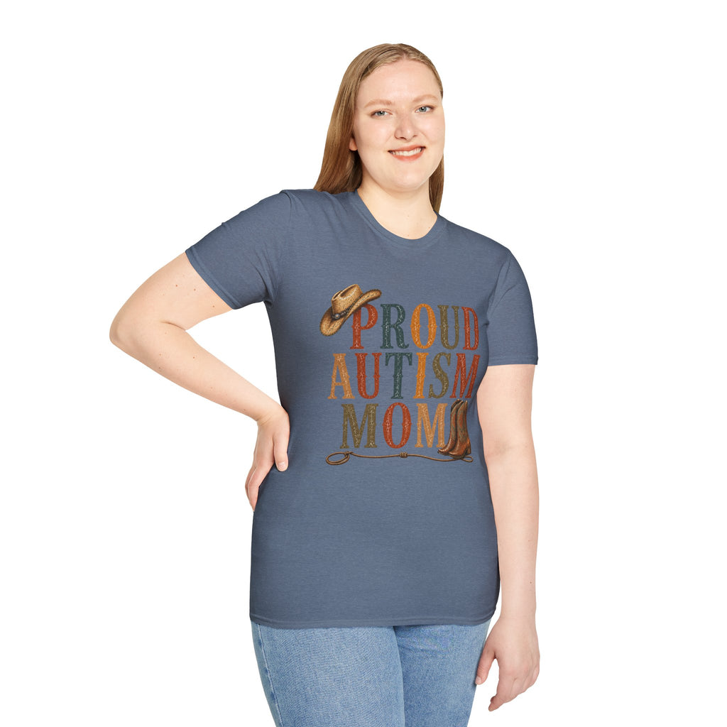 Proud Autism Mom T-Shirt — Rustic Western Cowboy Hat & Boots Design