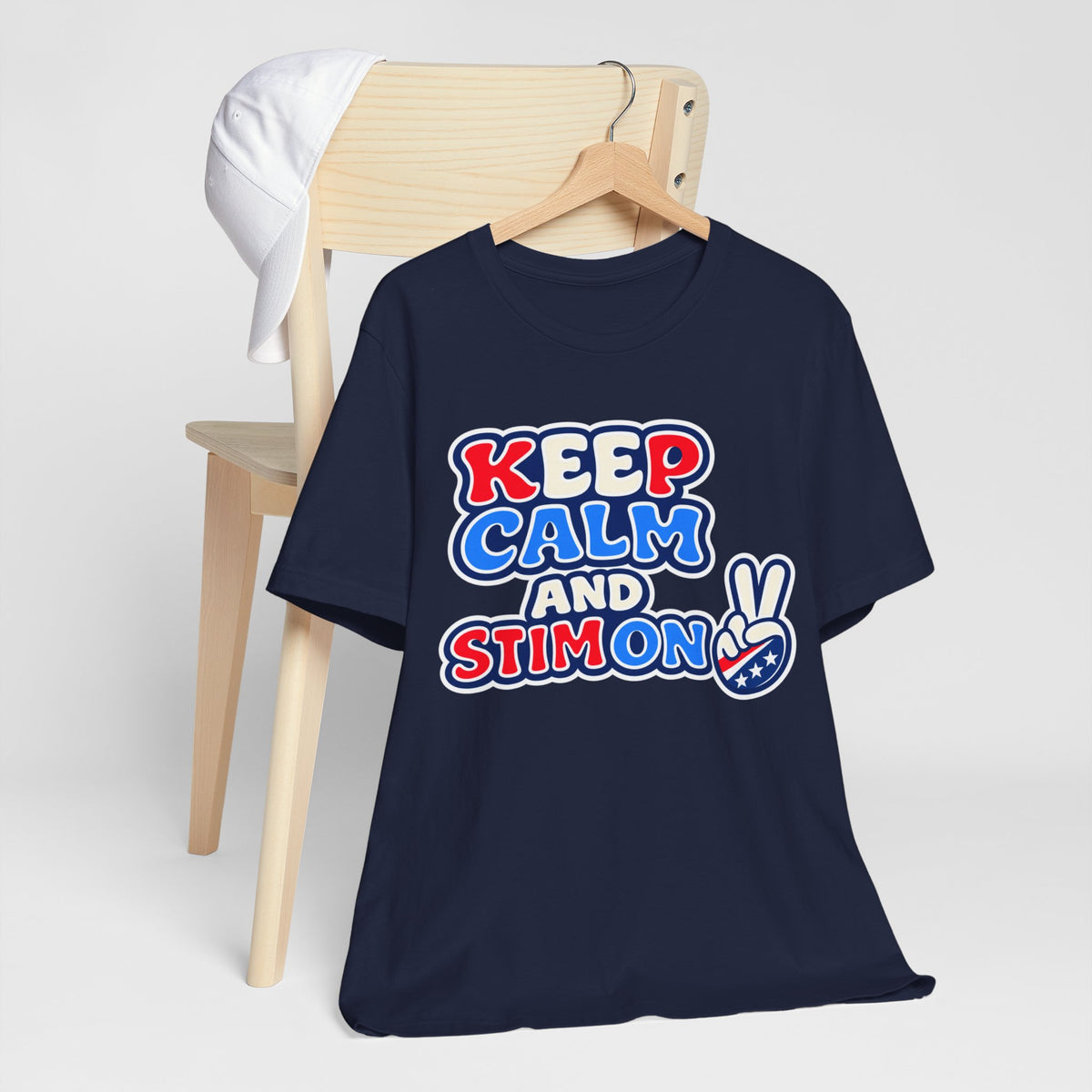 Keep Calm and Stim On Shirt Autism Awareness T Shirt Retro Peace Sign Tee Red White Blue Neurodiversity Sensory Support Gift