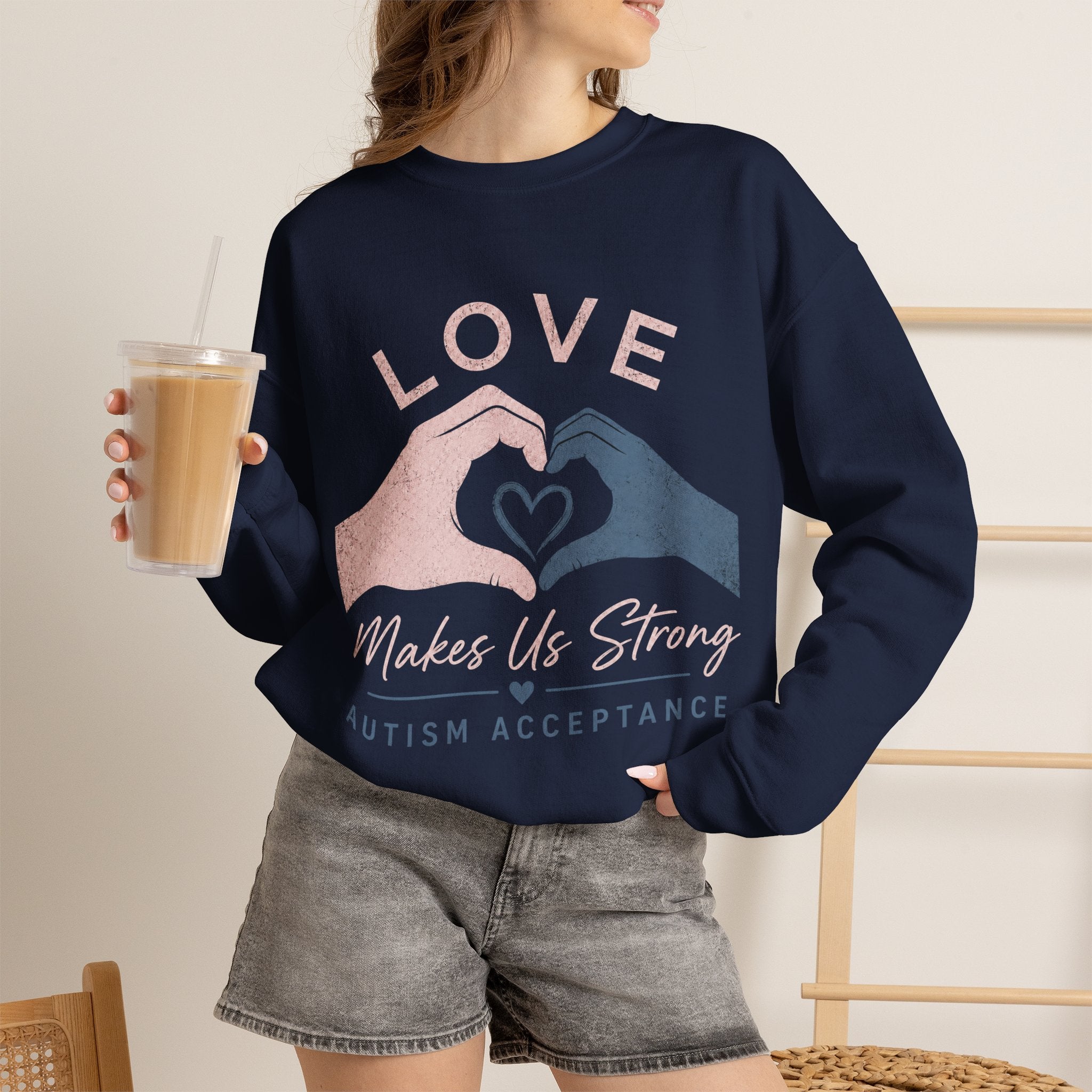 Autism Acceptance Sweatshirt | Love Makes Us Strong Crewneck | Heart Hands Sweatshirt | Neurodiversity Gift | Inclusion Apparel