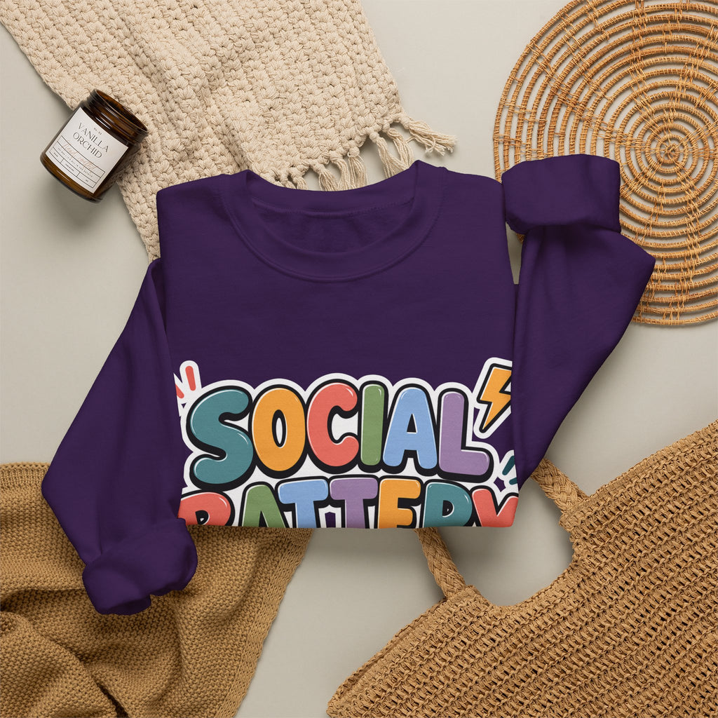 Social Battery Drained Crewneck Sweatshirt | Funny Introvert Sweatshirt | Low Battery Graphic Pullover | Mental Health Humor | Unisex Gift