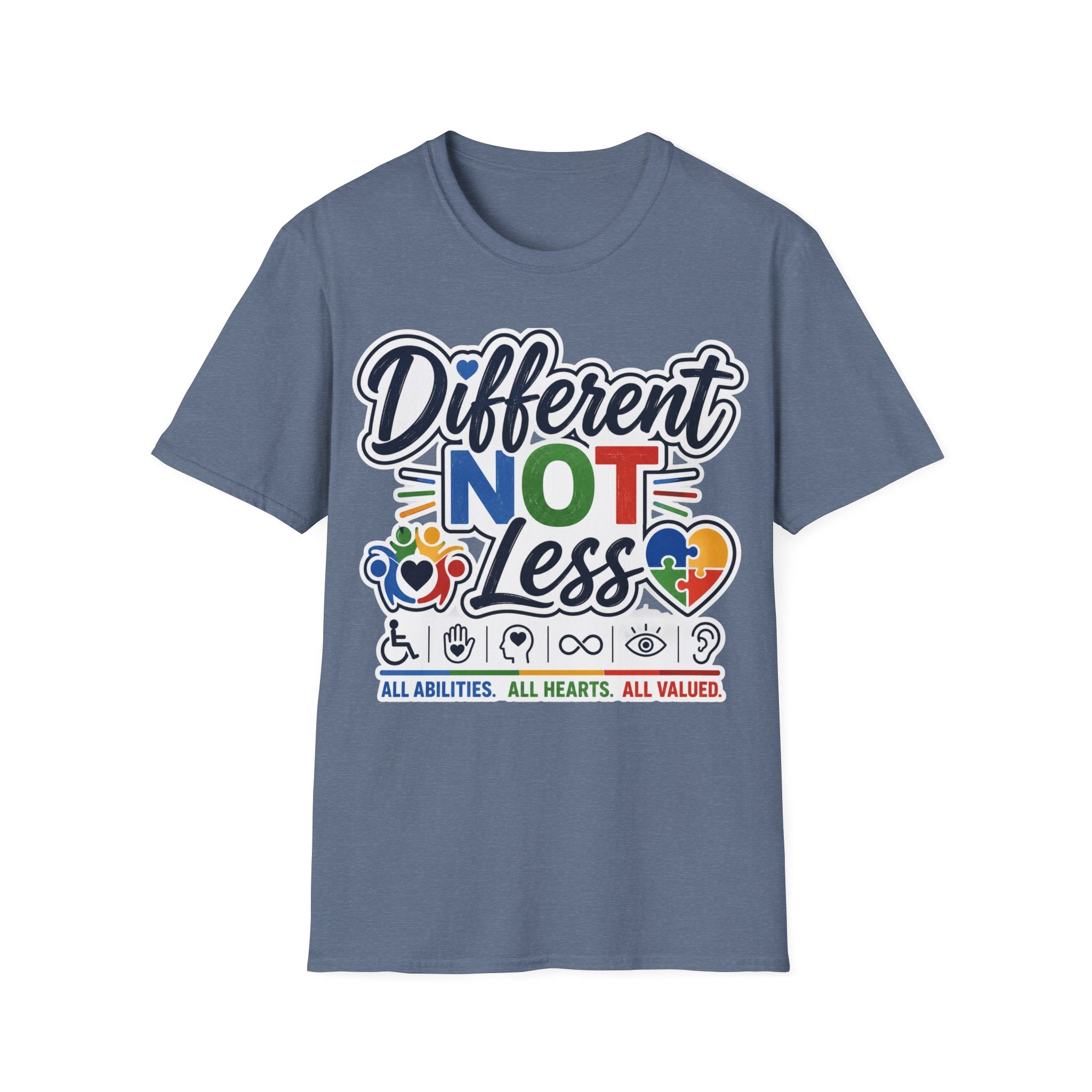 Different NOT Less T-Shirt | Disability Pride, Inclusive Rainbow Design
