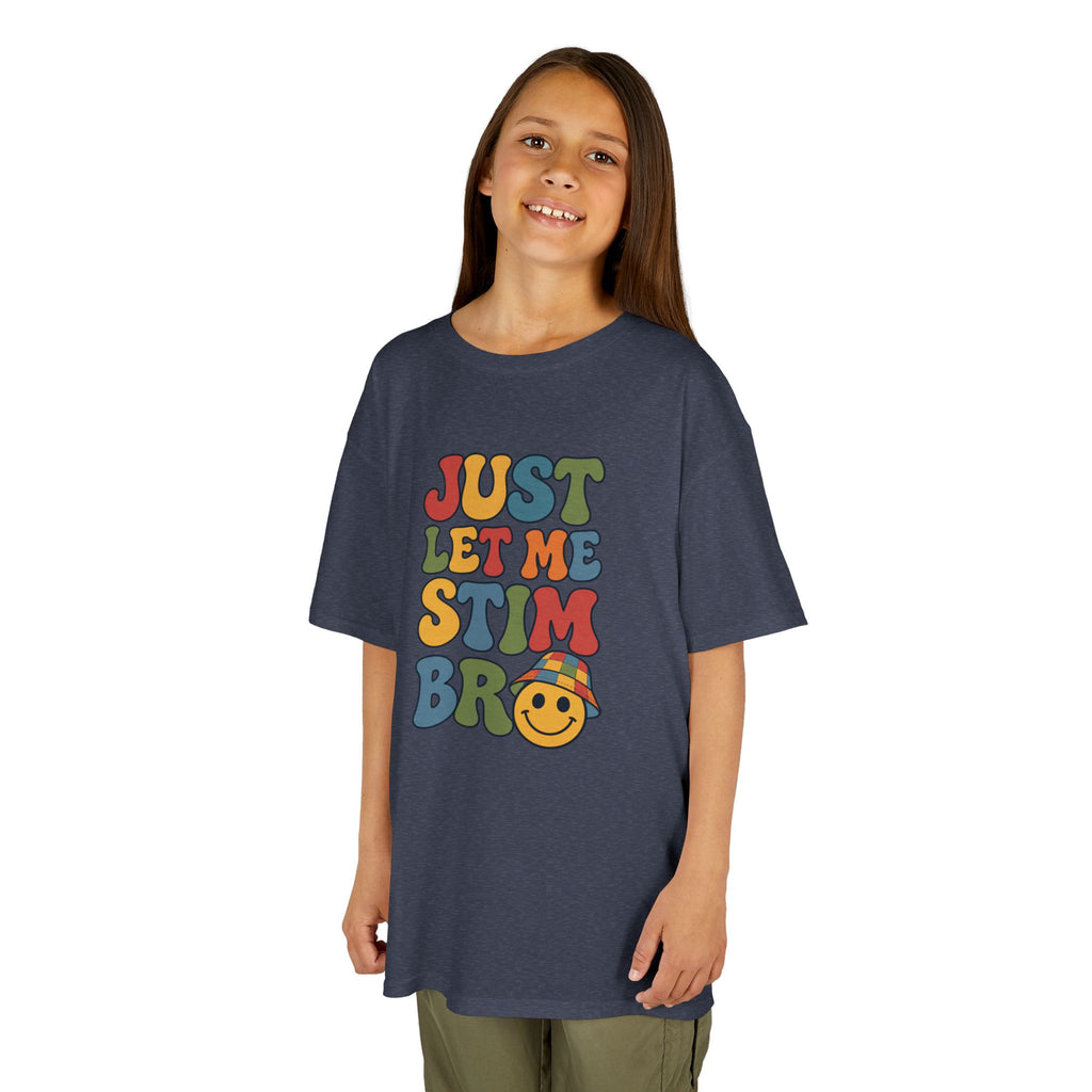 Just Let Me Stim Bro Kids Tee, Retro Bubble Letters Smiley Face Shirt, Autism ADHD Neurodivergent Kids T-Shirt, Funny Sensory Gift