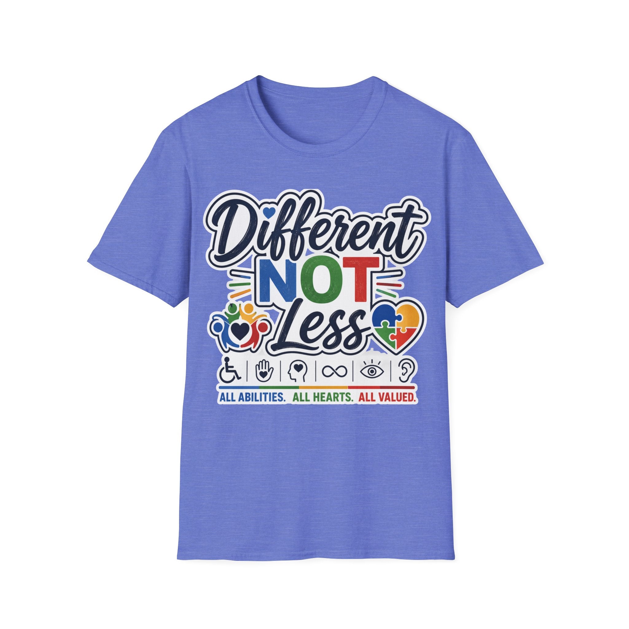 Different NOT Less T-Shirt | Disability Pride, Inclusive Rainbow Design