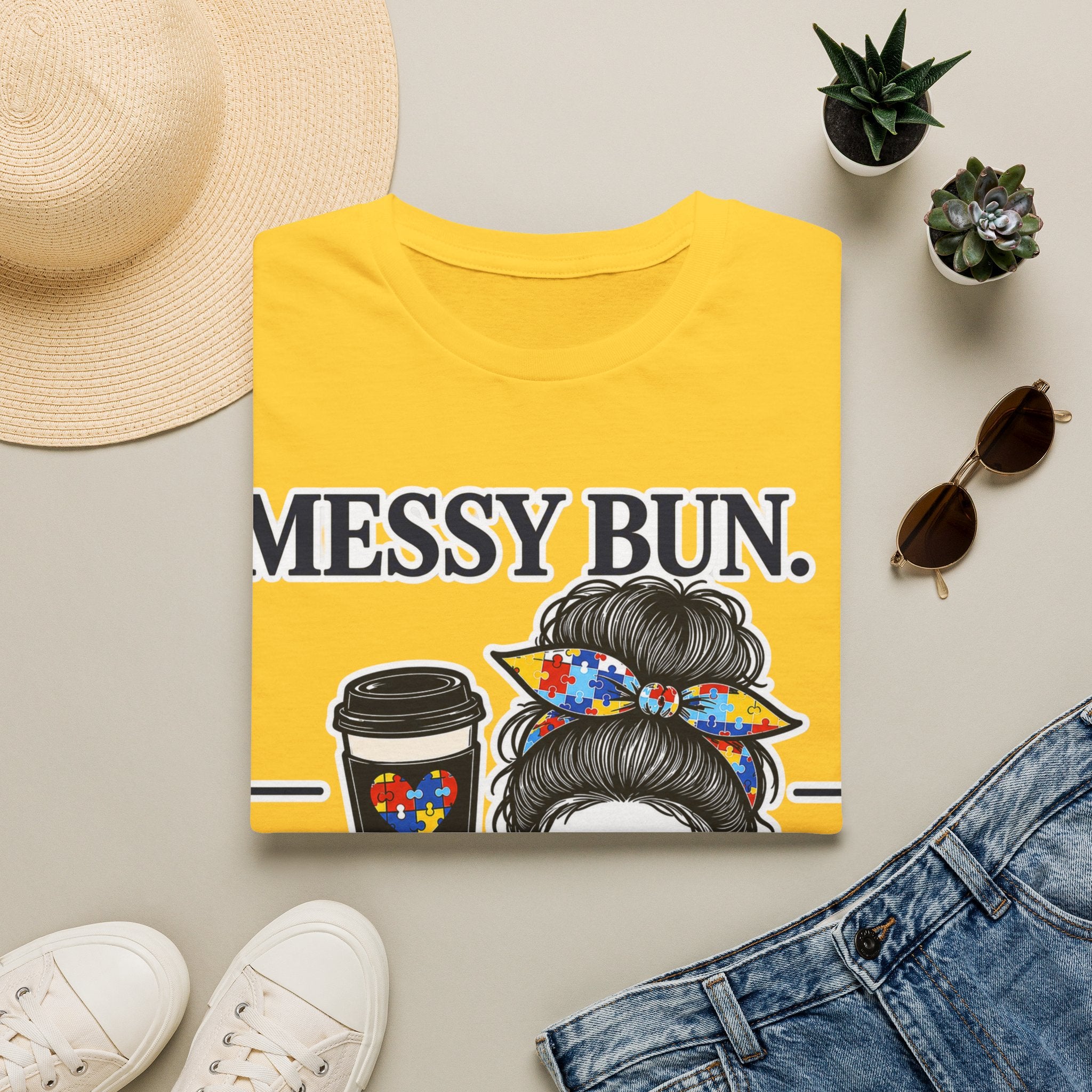 Messy Bun Coffee Mom Life Autism Acceptance Shirt | Autism Mom T-Shirt | Neurodiversity Support Tee | Special Needs Mom Gift