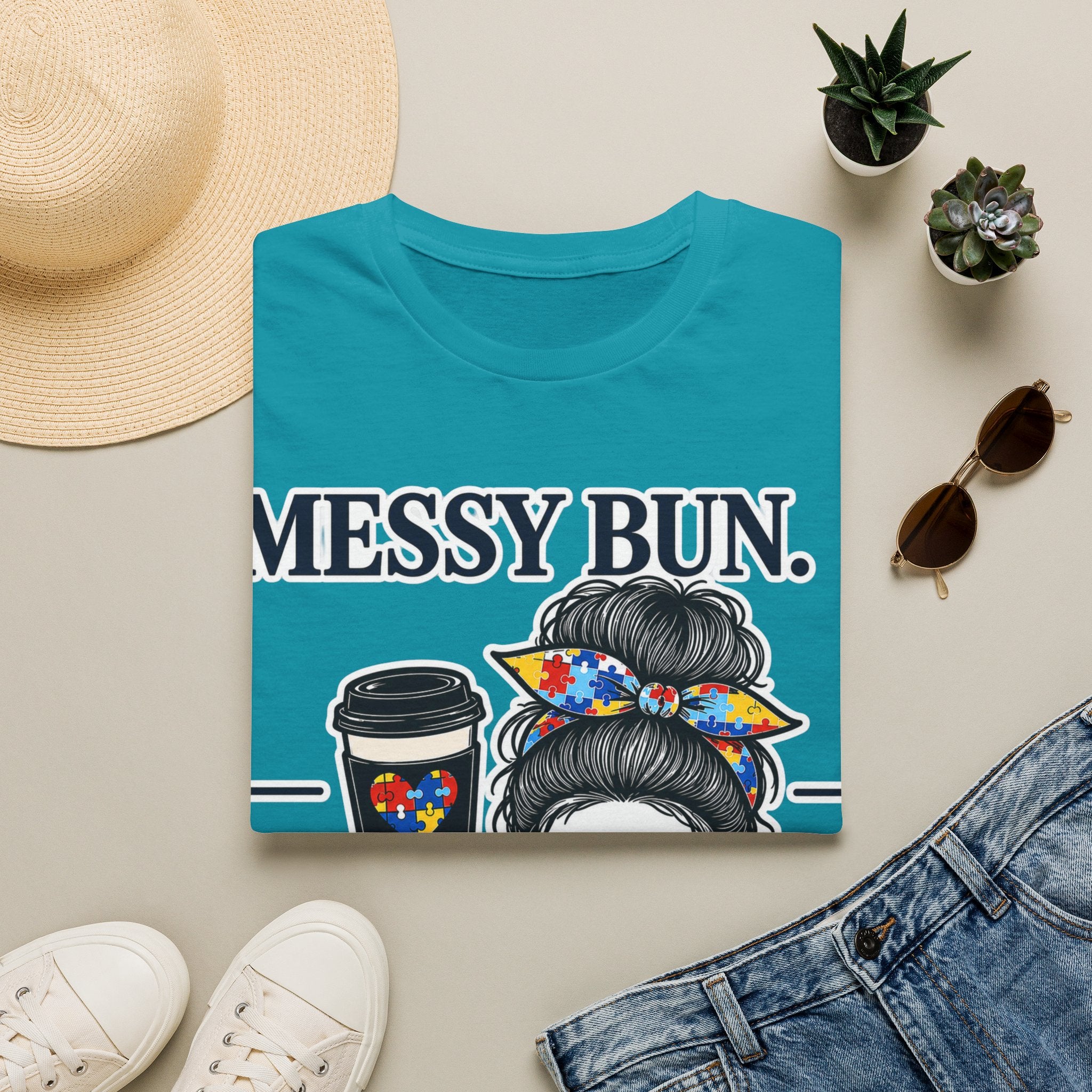 Messy Bun Coffee Mom Life Autism Acceptance Shirt | Autism Mom T-Shirt | Neurodiversity Support Tee | Special Needs Mom Gift
