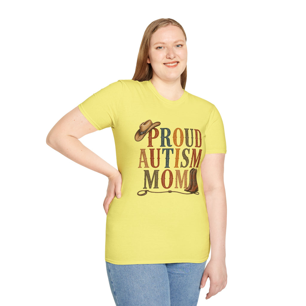 Proud Autism Mom T-Shirt — Rustic Western Cowboy Hat & Boots Design